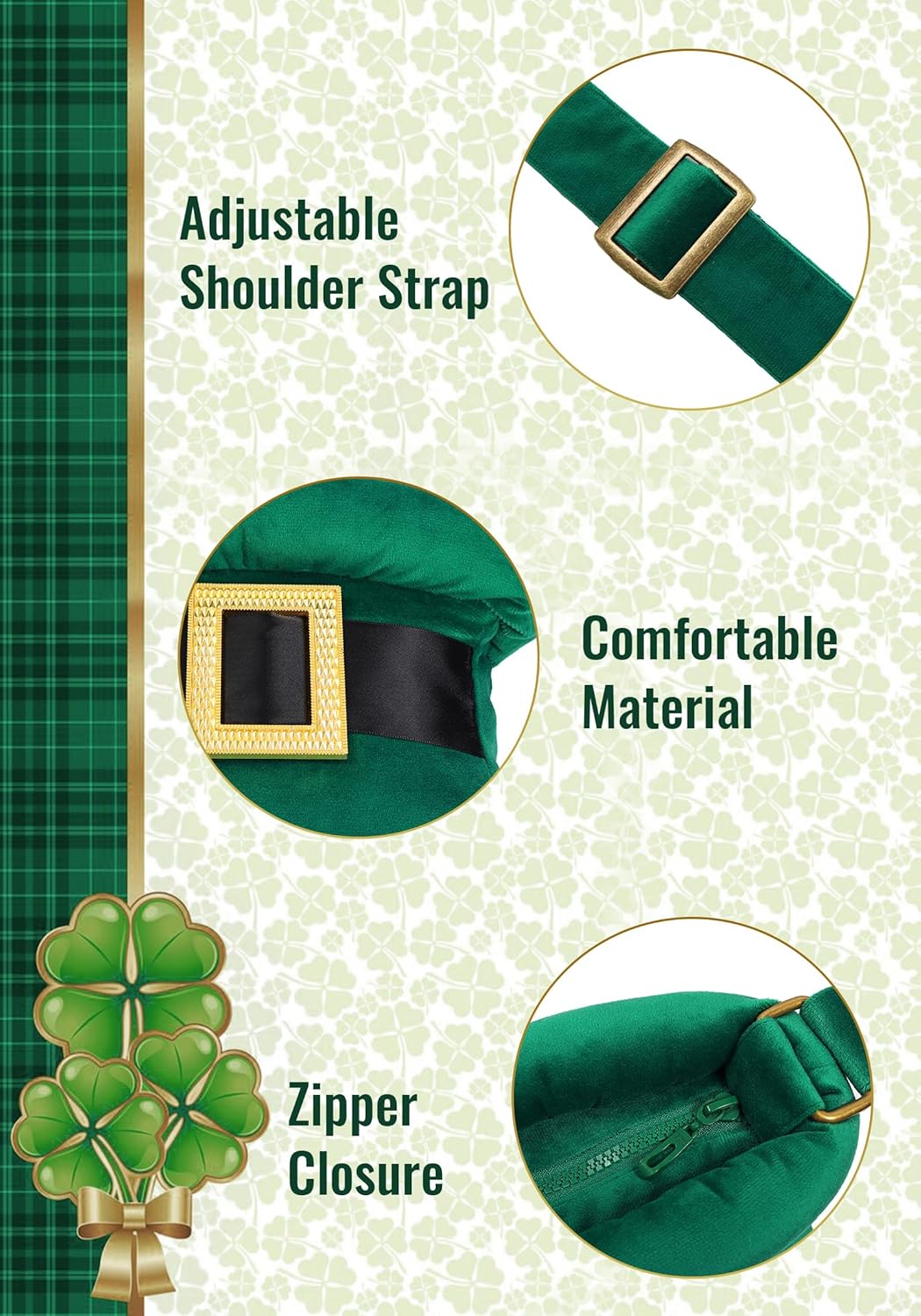 DAZCOS St. Patrick's Day Green Shoulder Bag for Women Hat Pack with Zipper and Adjustable Strap