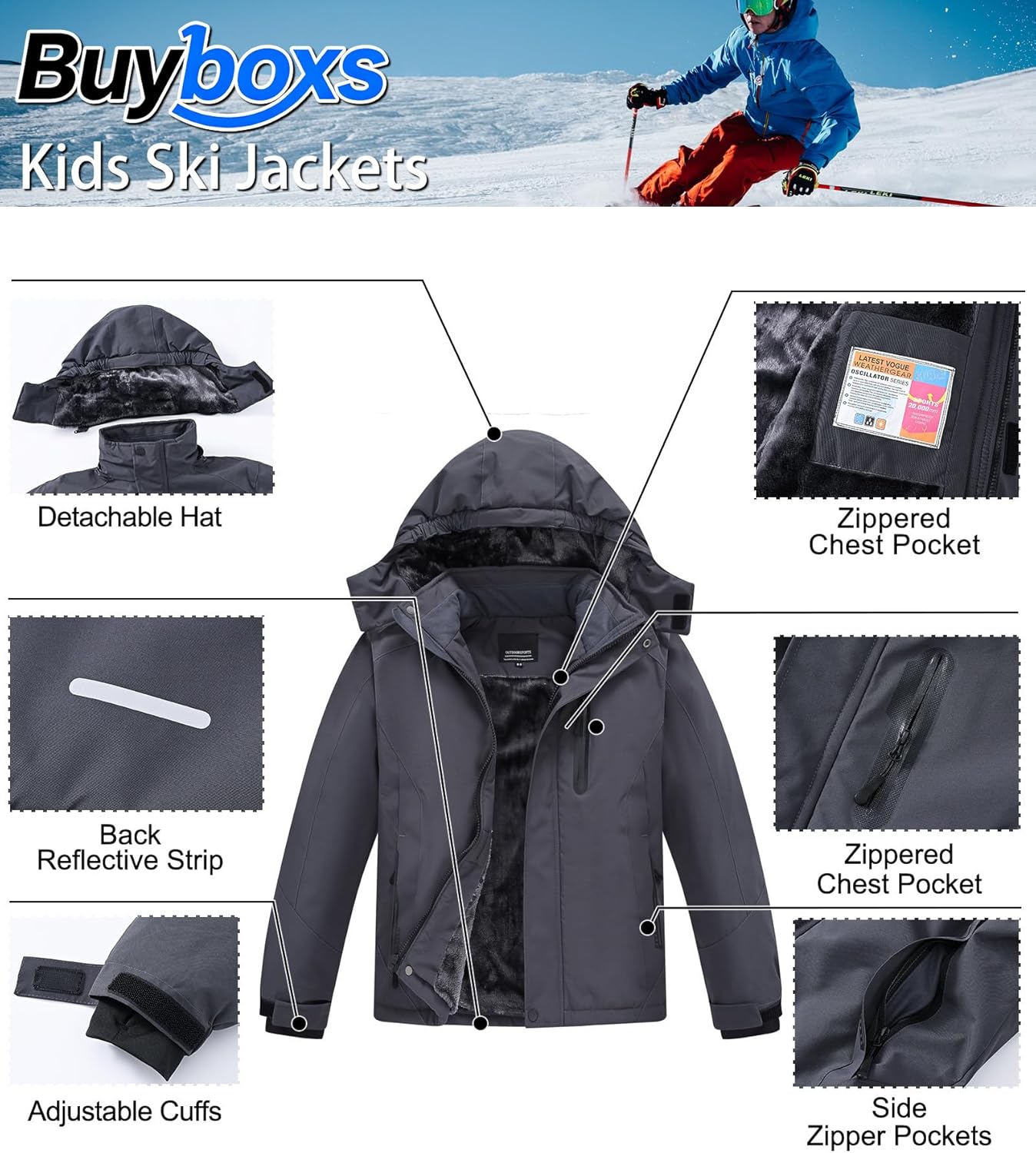 Kids Winter Jackets Warm Fleece Waterproof Snow Jacket with Zipper Pockets Detachable Hood