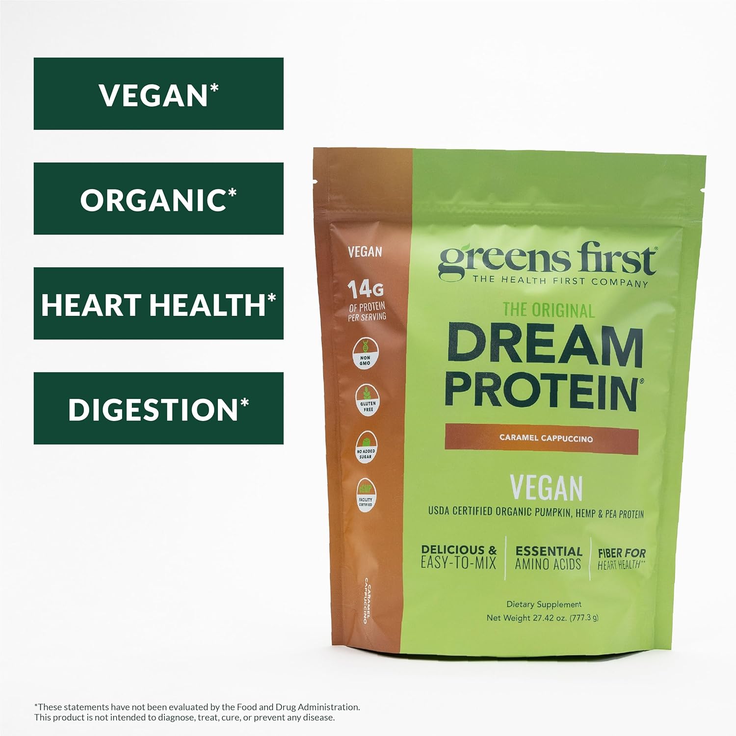 Greens First Dream Protein Plant-Based Vegan Powder - USDA Organic Pumpkin, Hemp & Pea Protein - Gluten-Free, Non-GMO, No Added Sugar (Caramel Cappuccino, 27.42 oz)