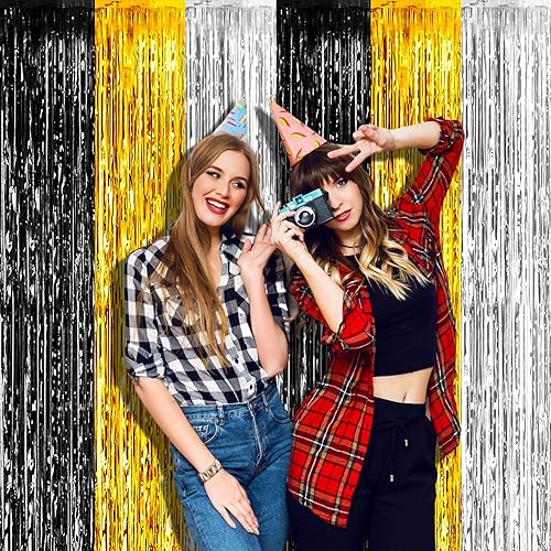 Miniatura 6 de Paquete de 4 cortinas de flecos de papel de aluminio dorado de 3.3 pies x 6.6 pies, cortinas de oropel metálico, cortinas de fondo para cabina de