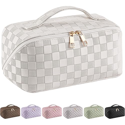 SFXULIX Large Capacity Travel Cosmetic Bag - Makeup Bag, PU Leather Waterproof Cosmetic Bag, Women Portable Travel Makeup Bag With Handle and Divider Flat Lay Makeup Organizer Bag (Z1-White)