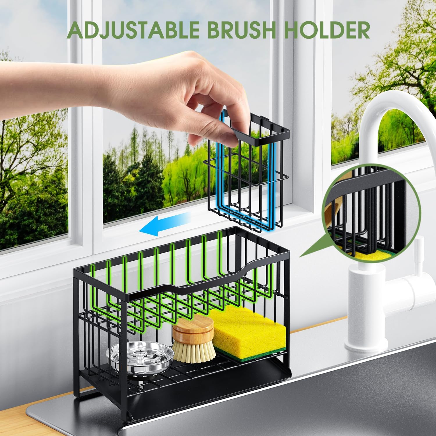 2-Tier Self-Draining Sponge Holder for Kitchen Sink - Rustproof Non-Slip Sink Caddy with Dish Brush Holder & Fits for Most Soap Dispensers - Black - Image 4