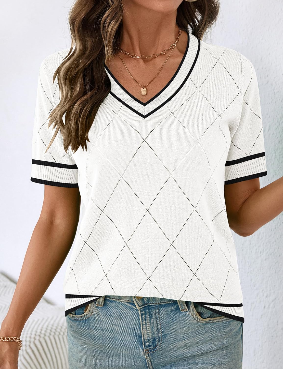 IECCP Womens Short Sleeve Sweater V Neck Summer Tops Lightweight Knit Pullover Blouses Business Casual Outfits - Image 4