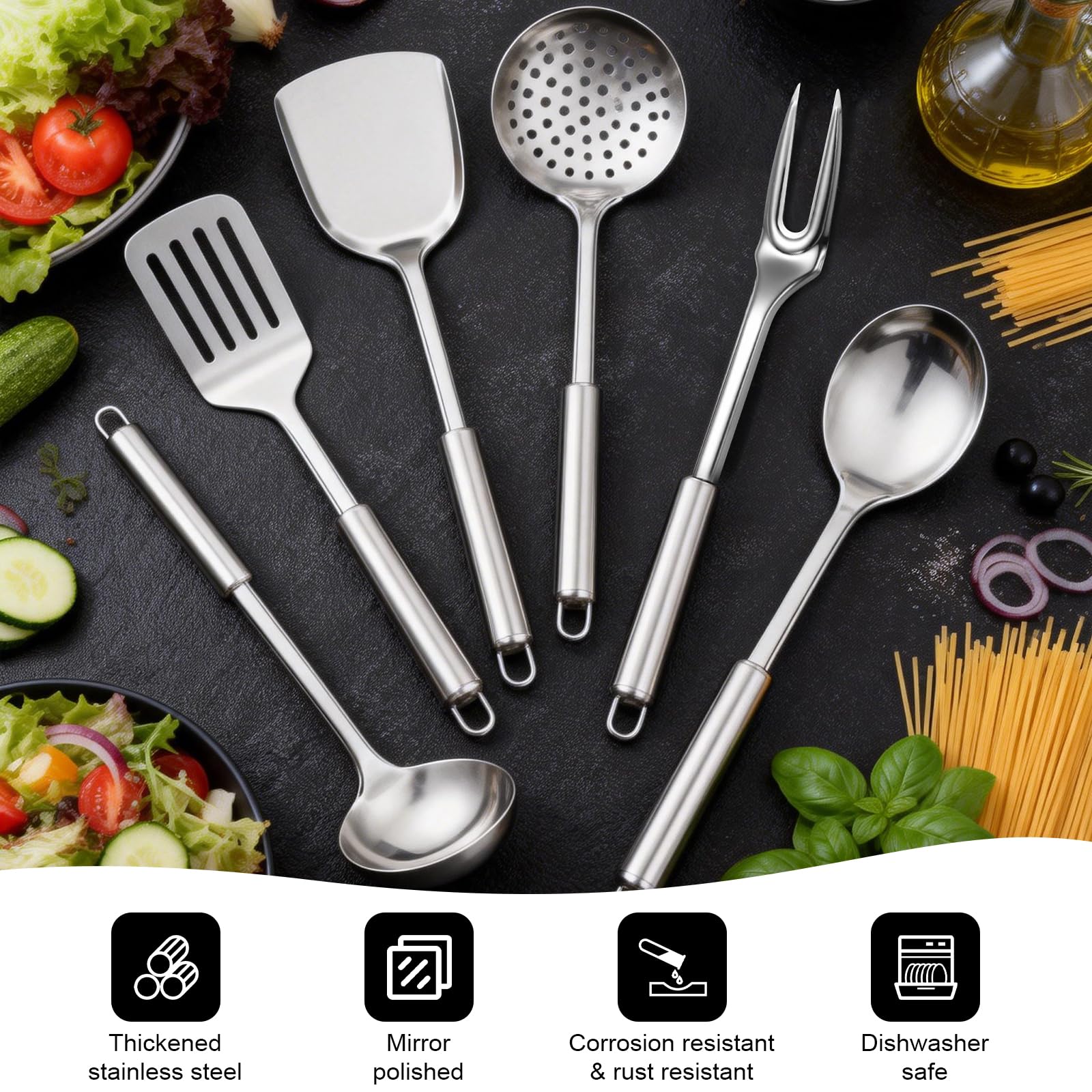 Set Utensili Cucina in Acciaio Inox 7 Pezzi, Set Pentole con Supporto (Mestolo, Schiumarola, Paletta, Forchettone, Cucchiaio per Riso), Lavabile in Lavastoviglie, set pentole acciaio ino