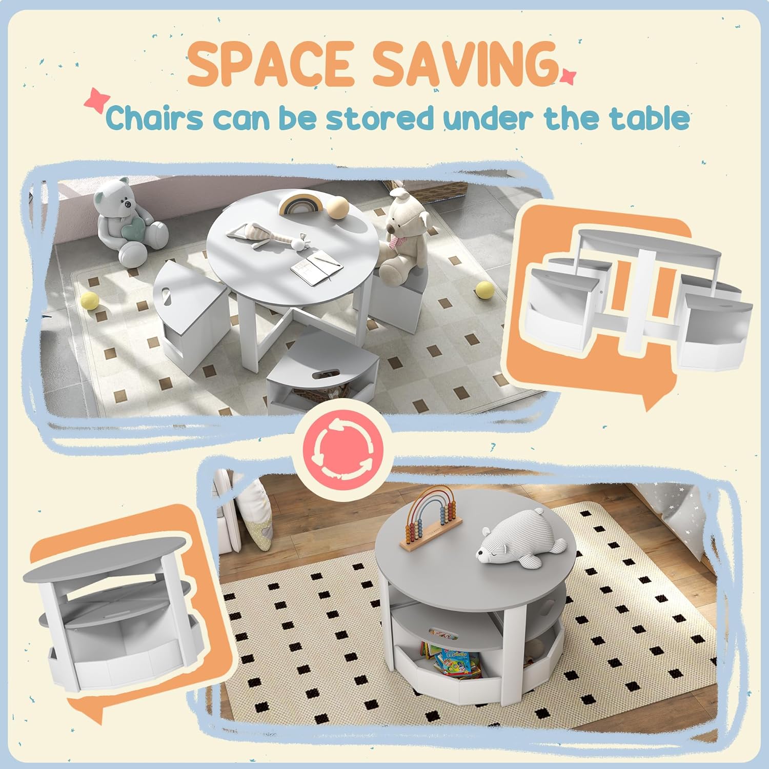 Qaba Toddler Table and Chairs Set, 5 Pieces Round Kids Activity Table with Storage for Play, Art, Craft, Drawing, Playroom, Classroom, Nursery, Gray