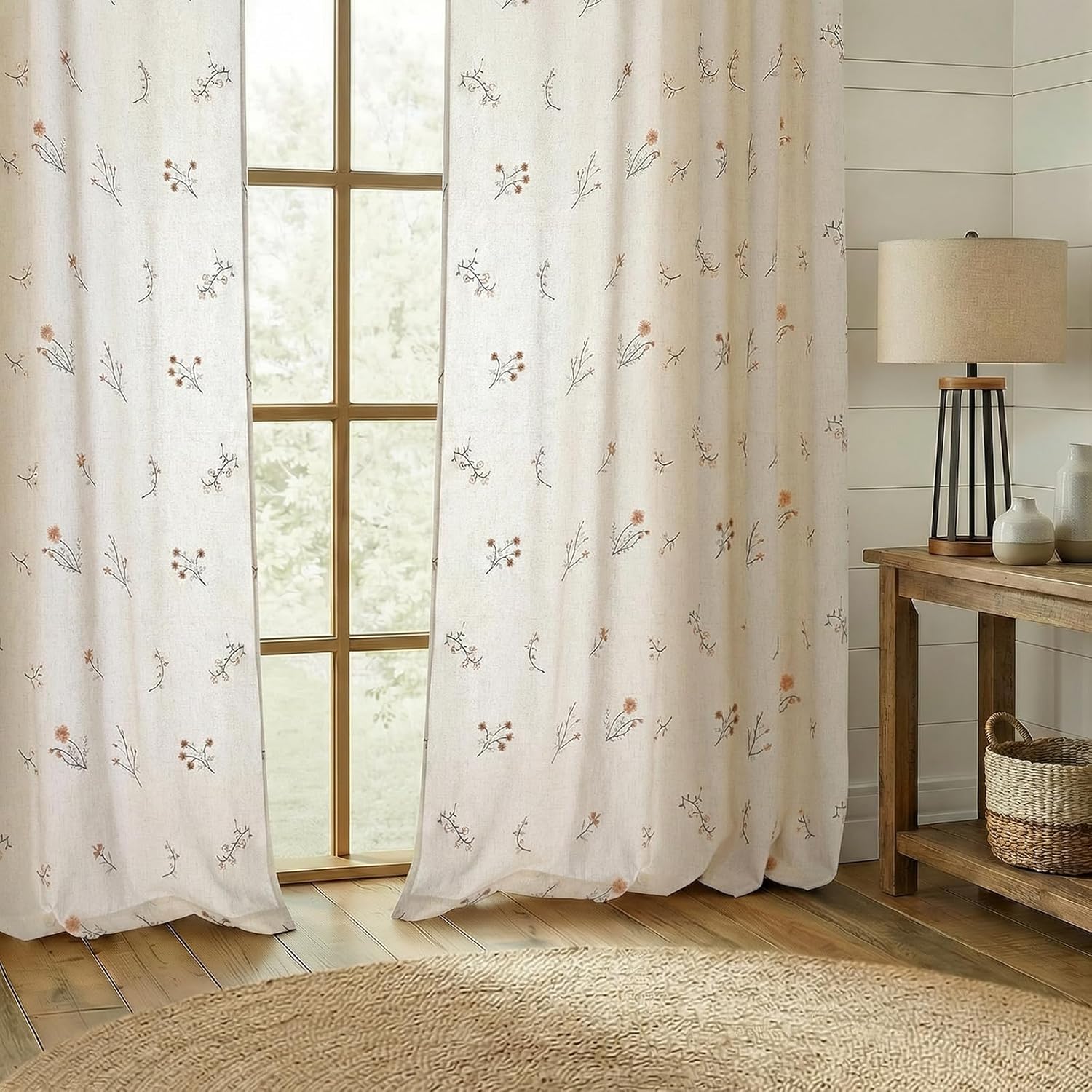 Floral Embroidered Linen Blend Curtains for Bedroom, 84 Inch Light Filtering Spring Farmhouse Vintage Drapes Beige Flower Window Treatments for Living Room Rod Pocket, Set of 2 Panels