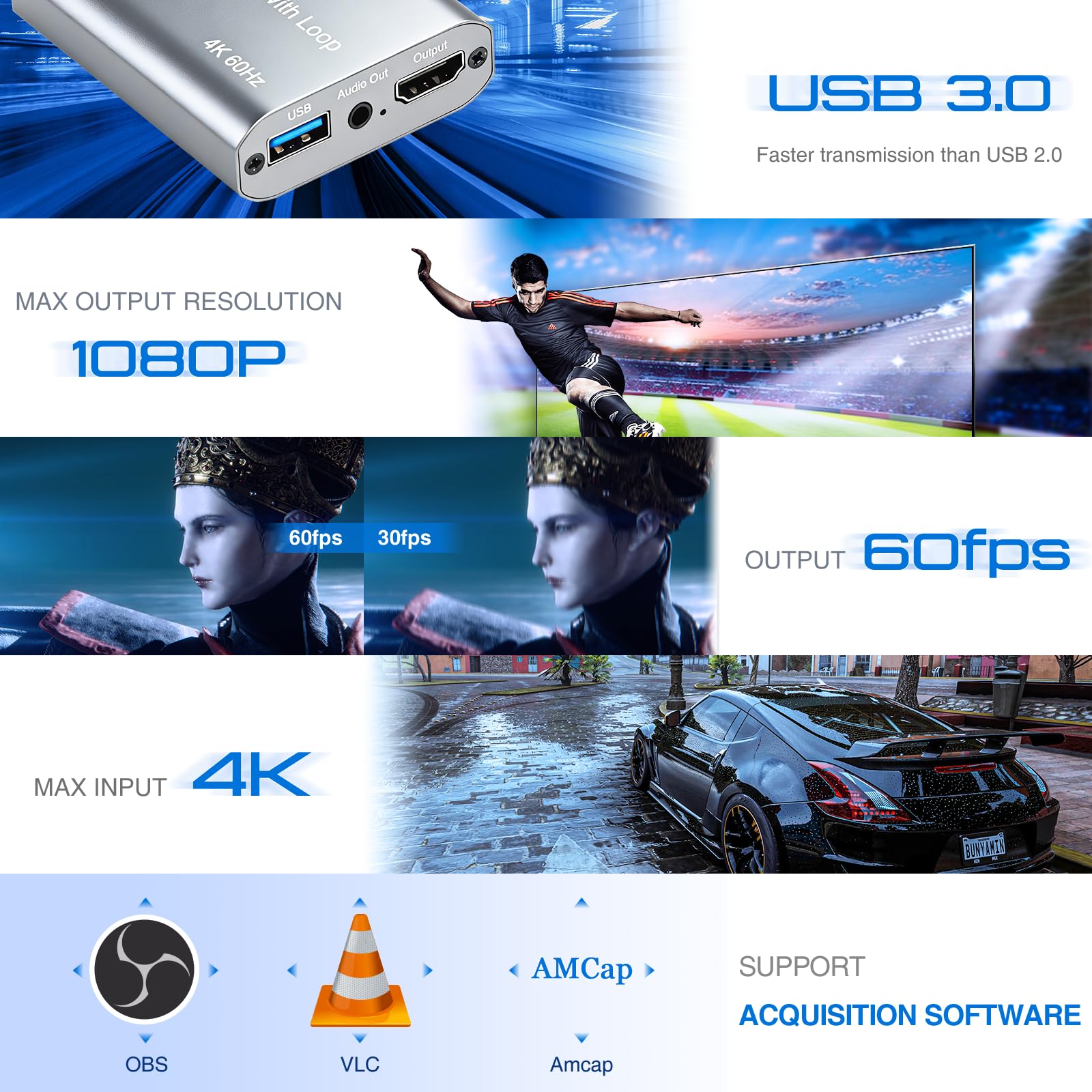 Scheda di acquisizione 4K, scheda di acquisizione video da HDMI a USB 3.0 con loopout per Nintendo Switch, 1080p 60fps con uscita audio per streaming, Xbox/PS4/PS5/PC, VLC/OBS/Amcap
