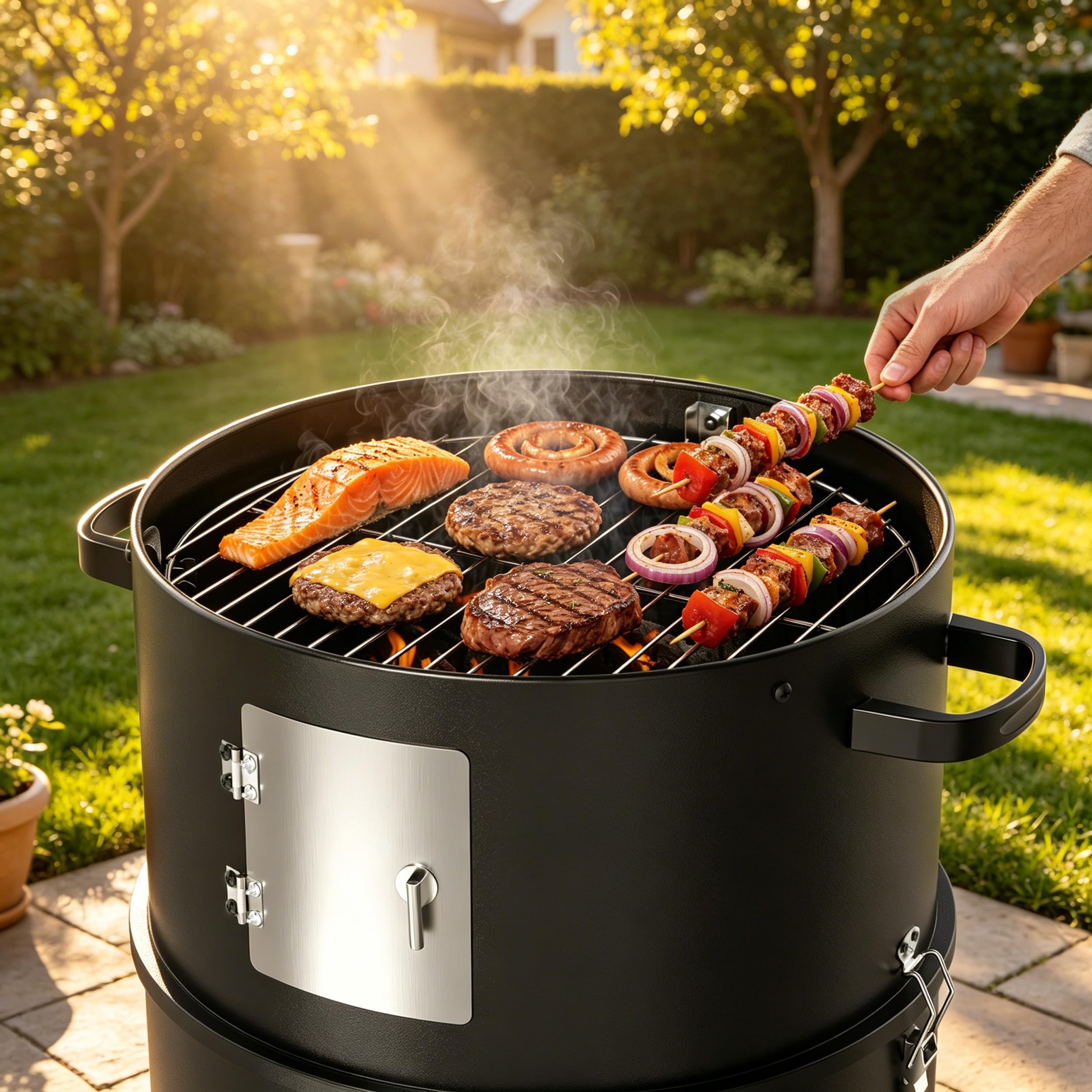 KEYO GRILL Tragbarer Räucherofen - 342 Quadratzoll, Robuster 3-in-1-Holzkohlegrill mit 2 Edelstahlrosten & Eingebautem Thermometer, Campinggrill für Garten, Schuppen, Terrasse