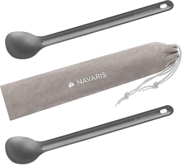 Navaris Long Handle Titanium Spoons (Set of 2) - 21.5cm Long Metal Spoon Set for Backpacking and Camping - Extra Strong and Ultra Lightweight Cutlery