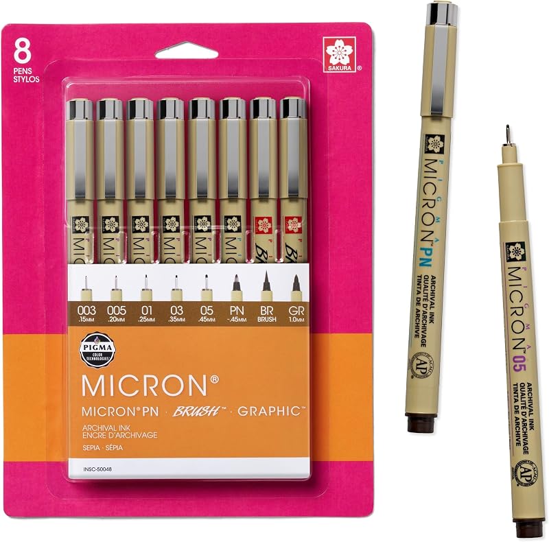 SAKURA 50048 Pigma All Sepia, Ass't Pont Sizes, 8PC Set Fine Tip Pen, 8CT, 8 Count | Archival Ink Pens for Writing, Drawing, or Journaling, Fade Resistant, Consistent Color, Professional Quality
