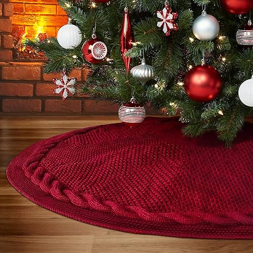 Miniatura 4 de yuboo - Falda de árbol de Navidad de 48 pulgadas, rojo burdeos, falda de árbol de Acción de Gracias y Navidad de punto, falda rústica para árbol de