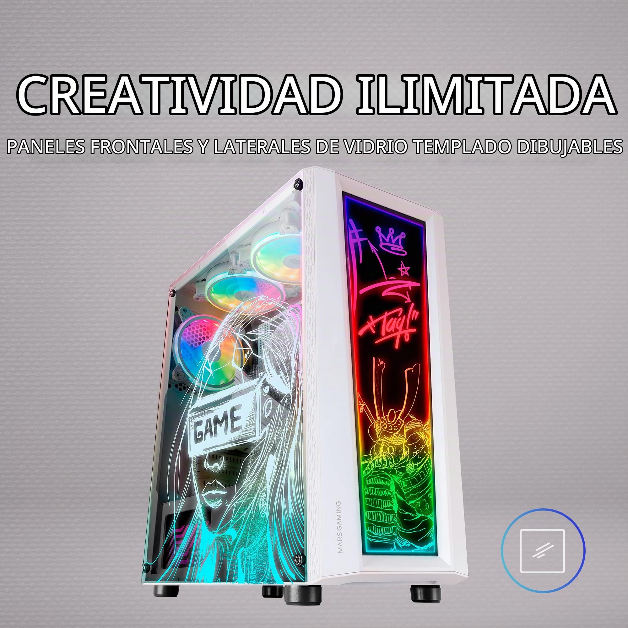 Mars Gaming MC-Art, Caja PC Gaming ATX, Doble Cristal Templado Dibujable, ARGB 12 Modos, Ventilador 12 cm, Blanco