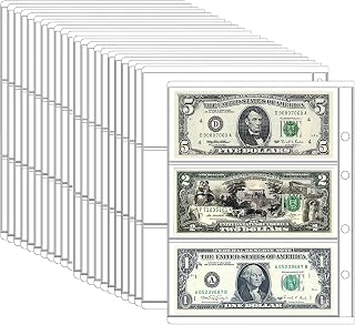 60 Pockets Dollar Bill Holder Pages, 20 Sheets Currency Paper Money Sleeve Protector for Collector, Safe Storage for 3 or 4 Ring Collecting Display Suppliers, Banknote and Coupon (3-Pocket)