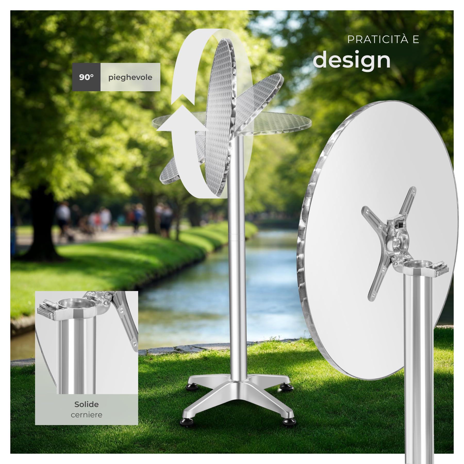 tectake® Tavolo da Bistrot, Alluminio Pieghevole, Altezza Regolabile 74/114 cm, Piano in Acciaio Inox Ø 60cm, Resistente agli Agenti Atmosferici, Perfetto per Esterni ed Interni - Frederic