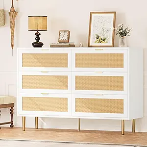 GarveeHome Rattan 6 Drawer Dresser for Bedroom, Modern Chest of Drawers with Gold Legs and Gold Handles, Wide Double Dresser with Large Tabletop and Anti-tipping Design for Bedroom, Living Room, White