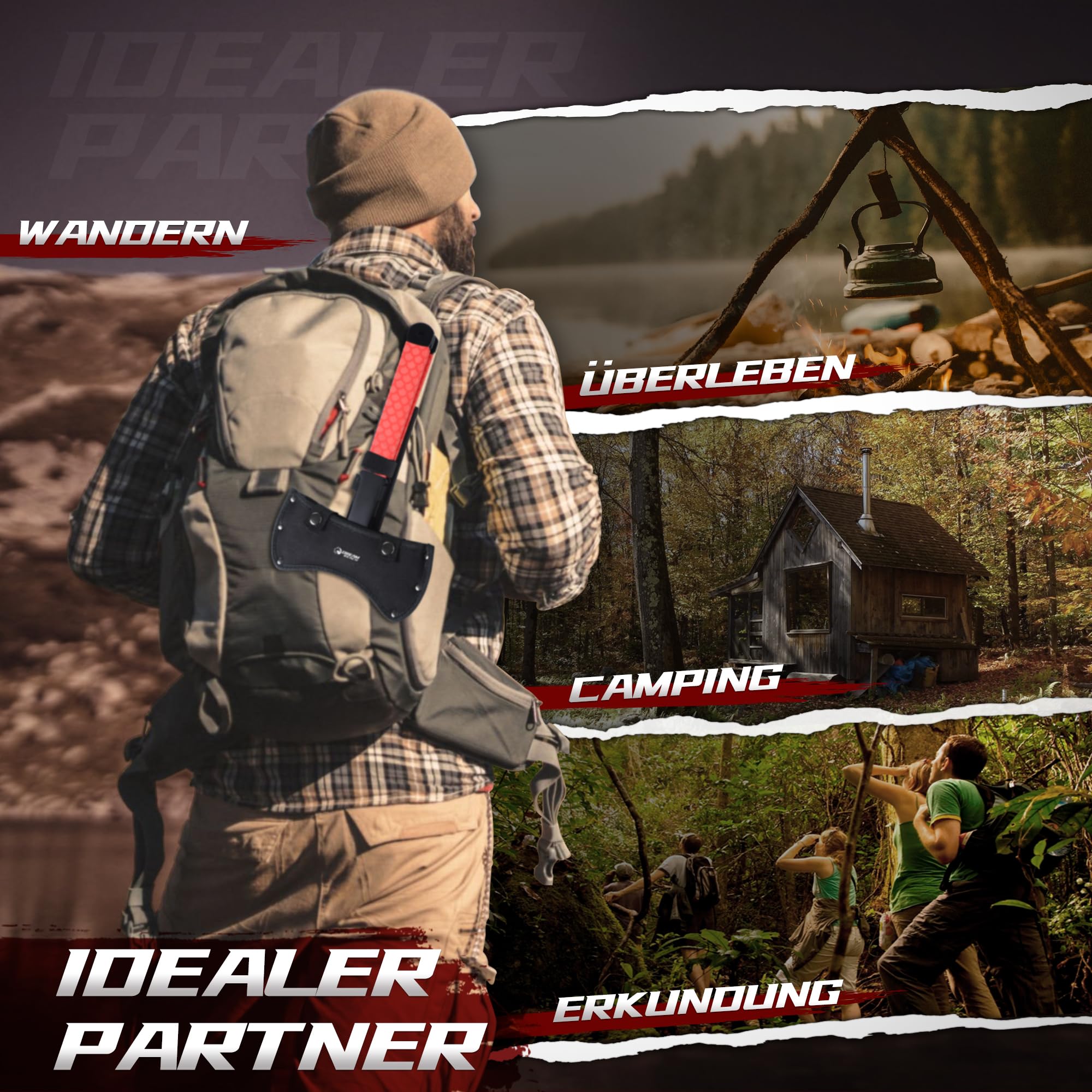 Dream Reach 3PCS Double Edged Äxte Set, Full Tang Handle mit roter Gummihülle Survival Axt, Camping Outdoor Viking Axt für Bushcraft, Wald, Garten, Geschenke für Männer