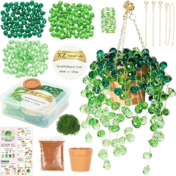Deinduser Beaded Plant Kit, DIY Hanging Suncatcher Craft Kit with Glass Crystal Beads, Pot, Chain, Faux Moss, Air Dry Clay, Instruction Booklet & Video Tutorial, Tabletop or Window Decor Gift