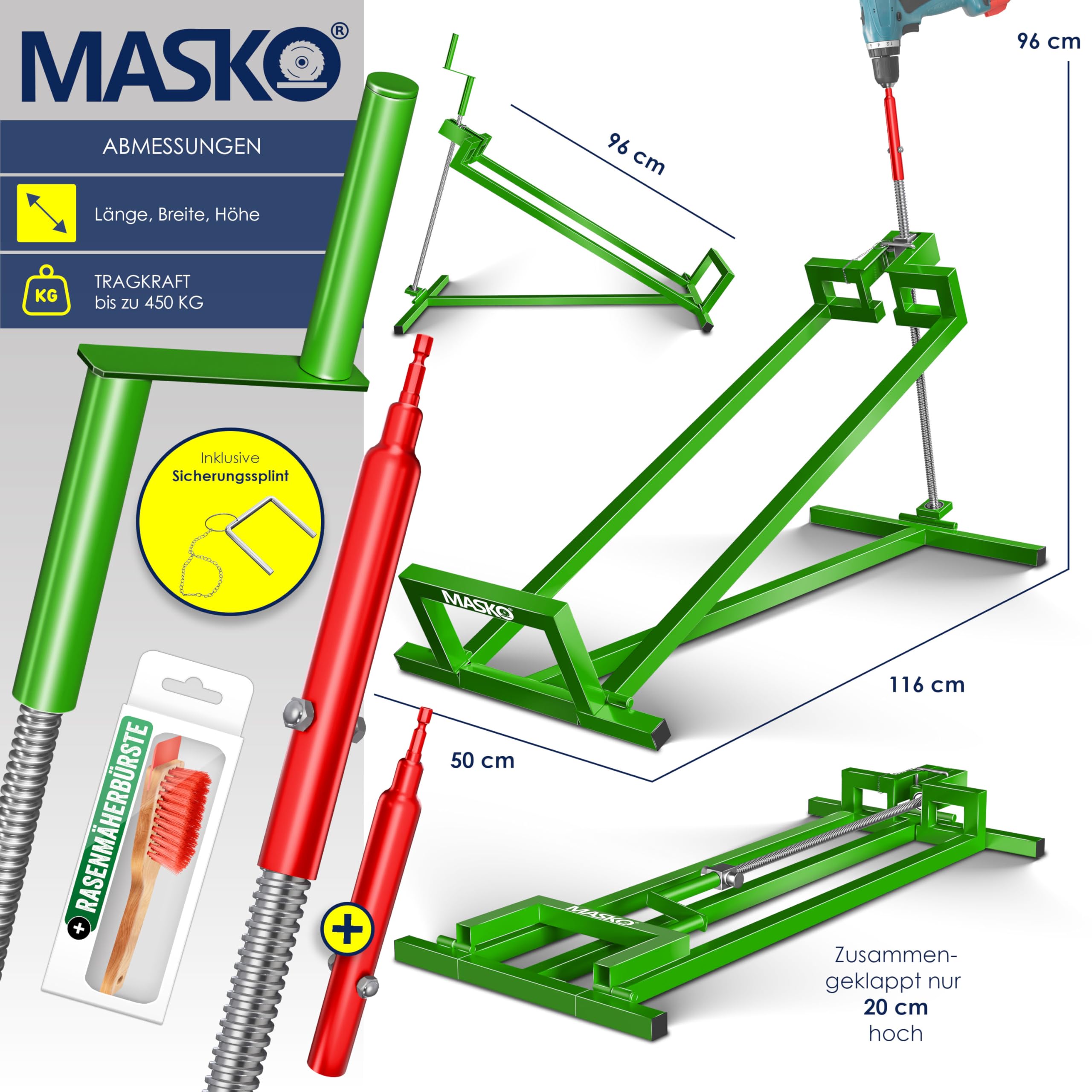 MASKO Elevador de tractor de césped XXL, 450 kg, dispositivo elevador, plataforma elevadora, herramienta de limpieza universal, elevación de tractor de césped, inclinación ajustable +45°, incluye
