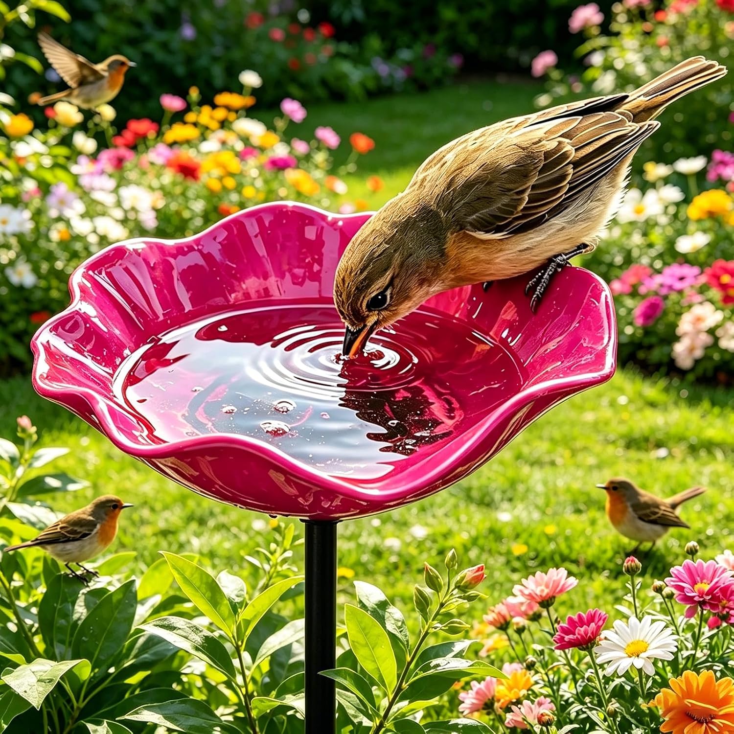 Handmade Metal Flower Garden Stakes Bird Bath, Bee Watering Station Bee Baths for Garden Metal Bird Bath for Outside, Garden Stakes Decorative Flower Bed Decor (4pcs)