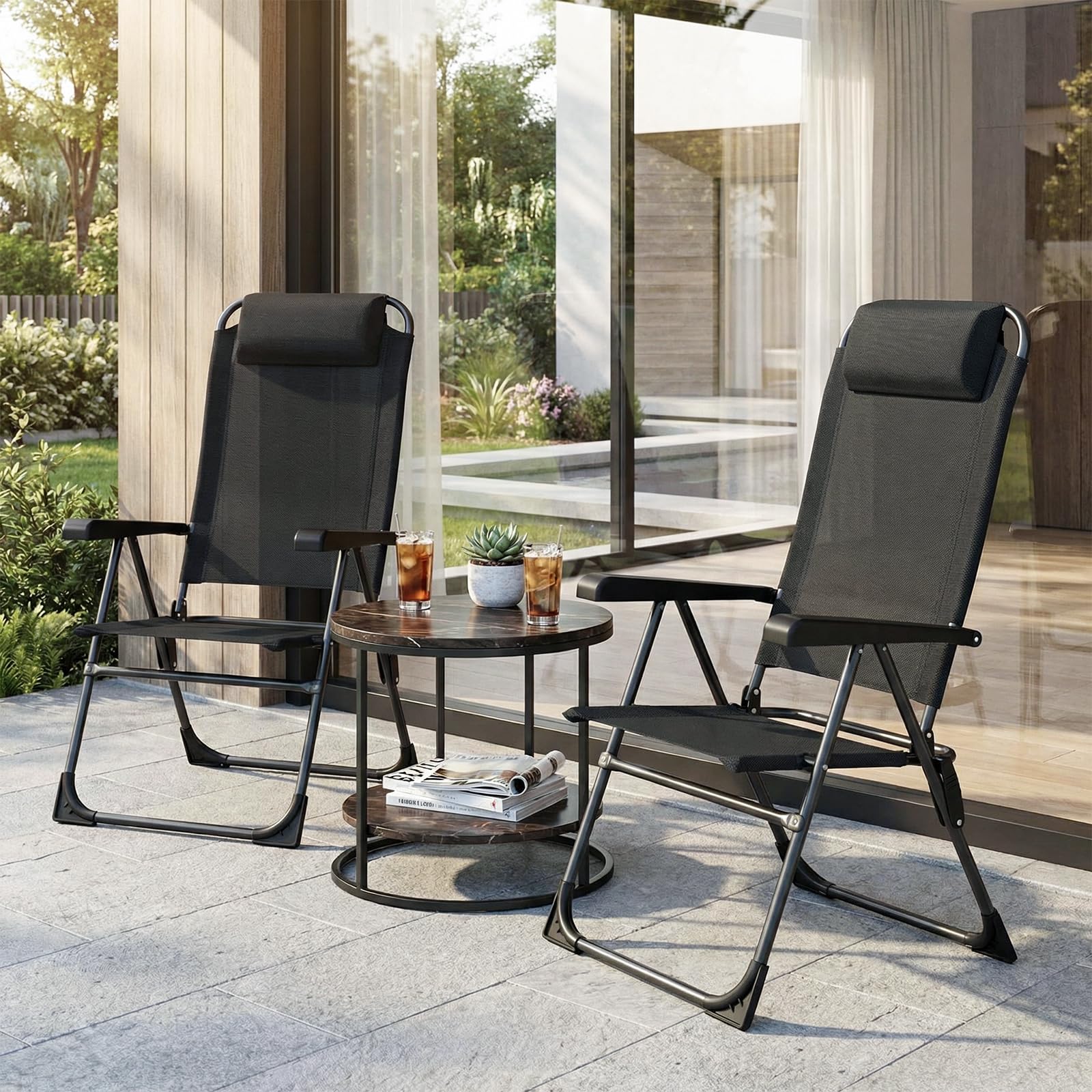 LIFERUN 2er Set Gartenstühle Klappstühle mit Kopfstütze 5 verstellbaren Rückenlehnen Hochlehne Outdoor Schwarz