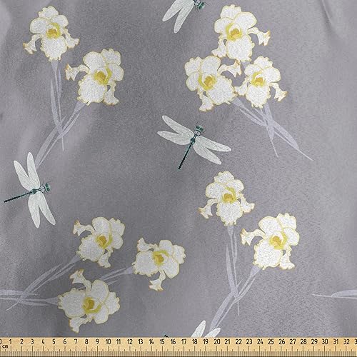 Miniatura 2 de Ambesonne Flowers Insects Fabric by The Yard, Spring Art Iris Flowers and Dragonflies on Greyscale Background, Decorative Satin Fabric for Home