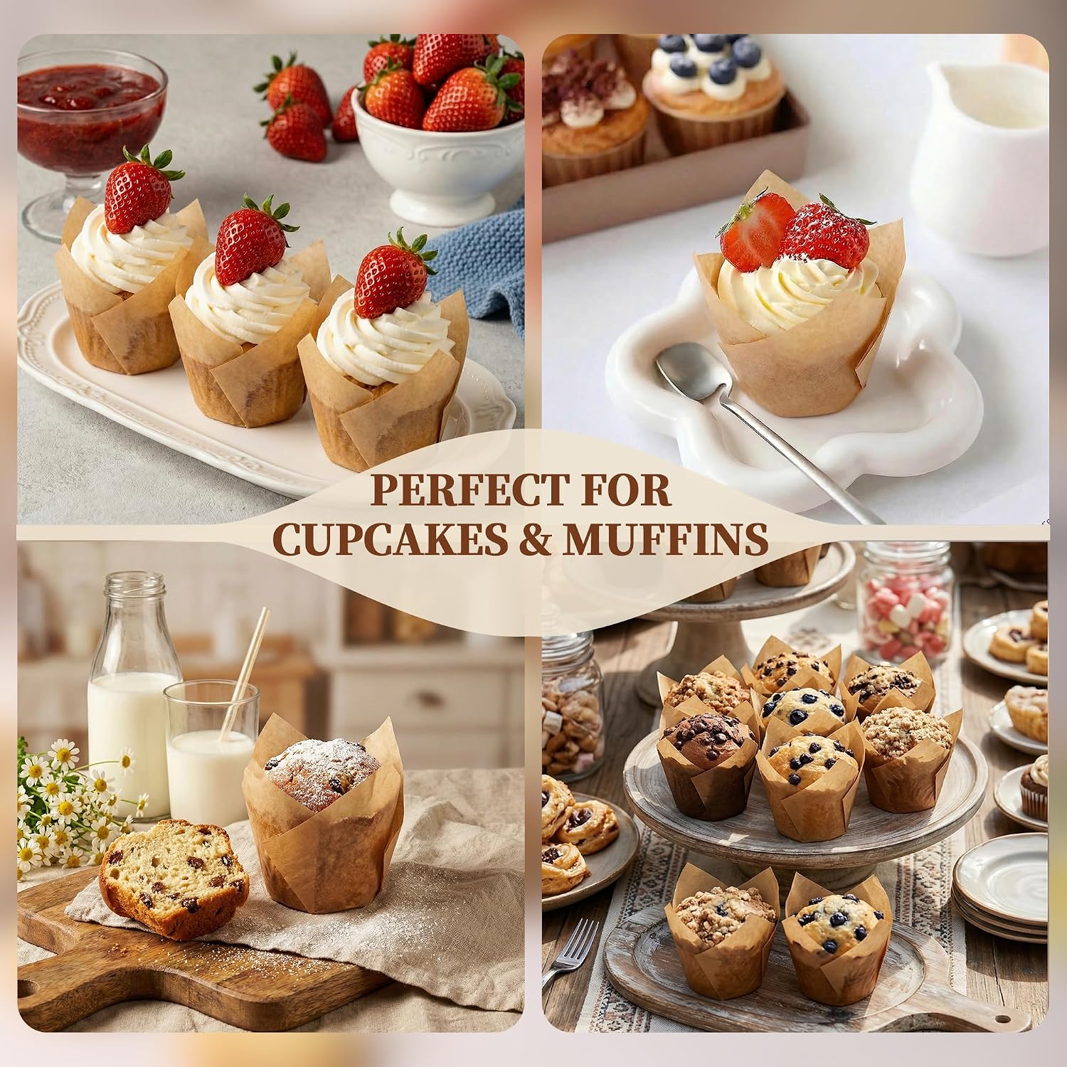 KORCCI 200pcs Tulip Cupcake Liners,Greaseproof & Sturdy Muffin Liners, Unbleached Parchment Baking Cups, Easy Release Natural Cupcake Wrappers for Baking, Party, Wedding & Christmas