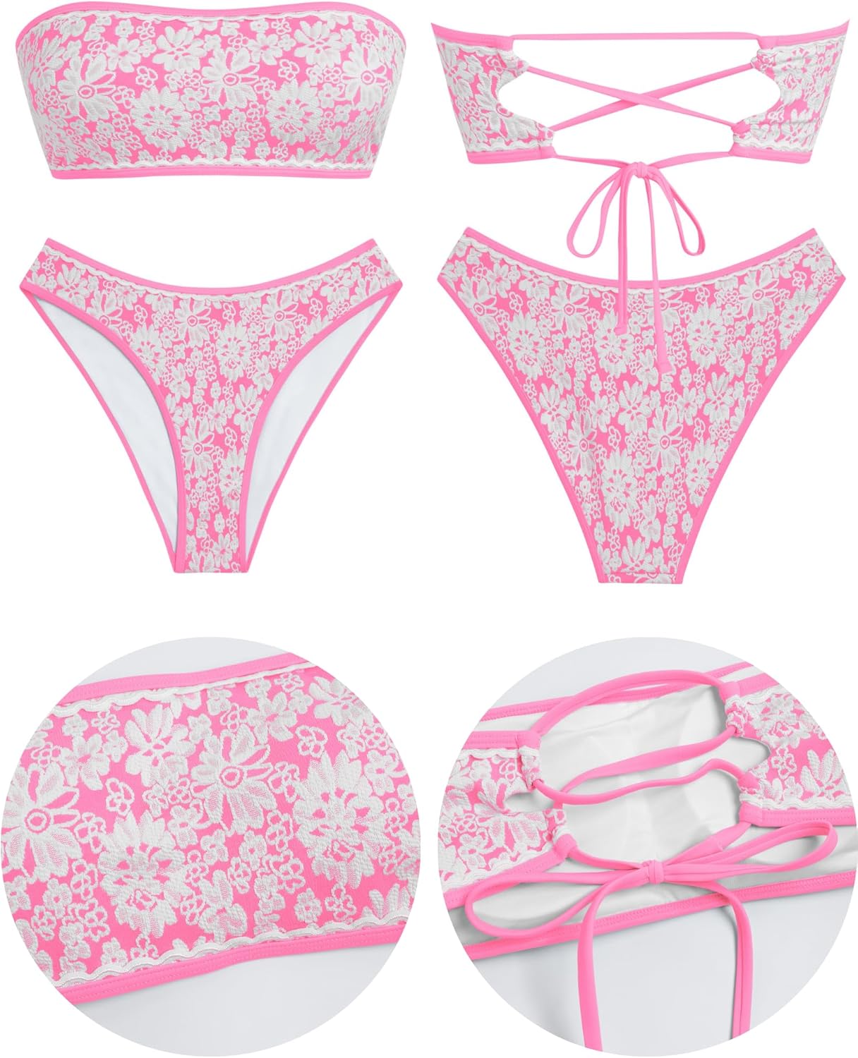 ZAFUL Bikini Set for Women Strapless Textured Bandeau Bikini Two Piece Swimsuit Lace up Bathing Suits - Image 6