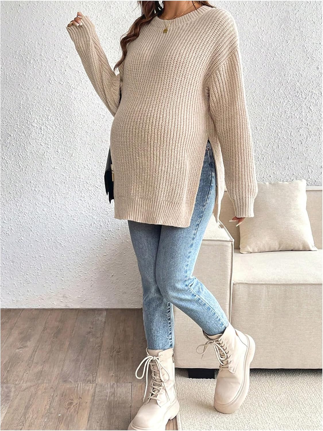 MakeMeChic Women's Maternity Sweater Crew Neck Long Sleeve Split Drop Shoulder Pregnancy Tops