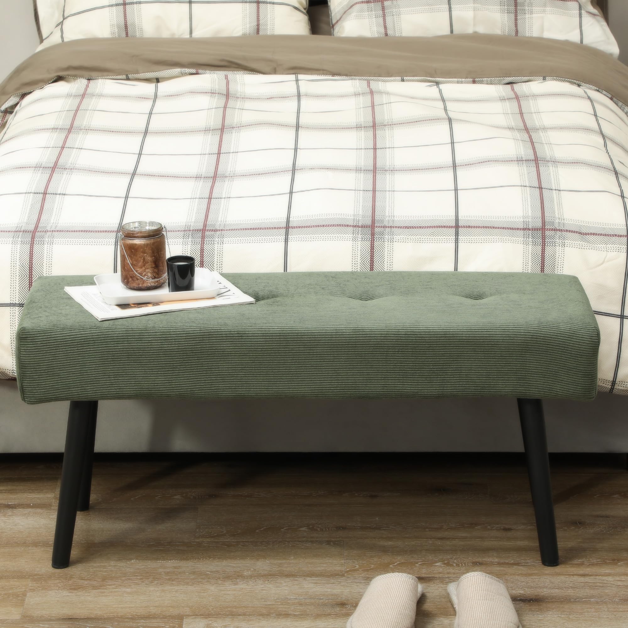 HOMCOM Banc Banquette Moderne Bout de Lit Rembourré 100 x 36 x 45 cm Vert | Velours Côtelé, Pieds en Acier Noir, Idéal pour Entrée Salon Chambre, Charge 220 Kg
