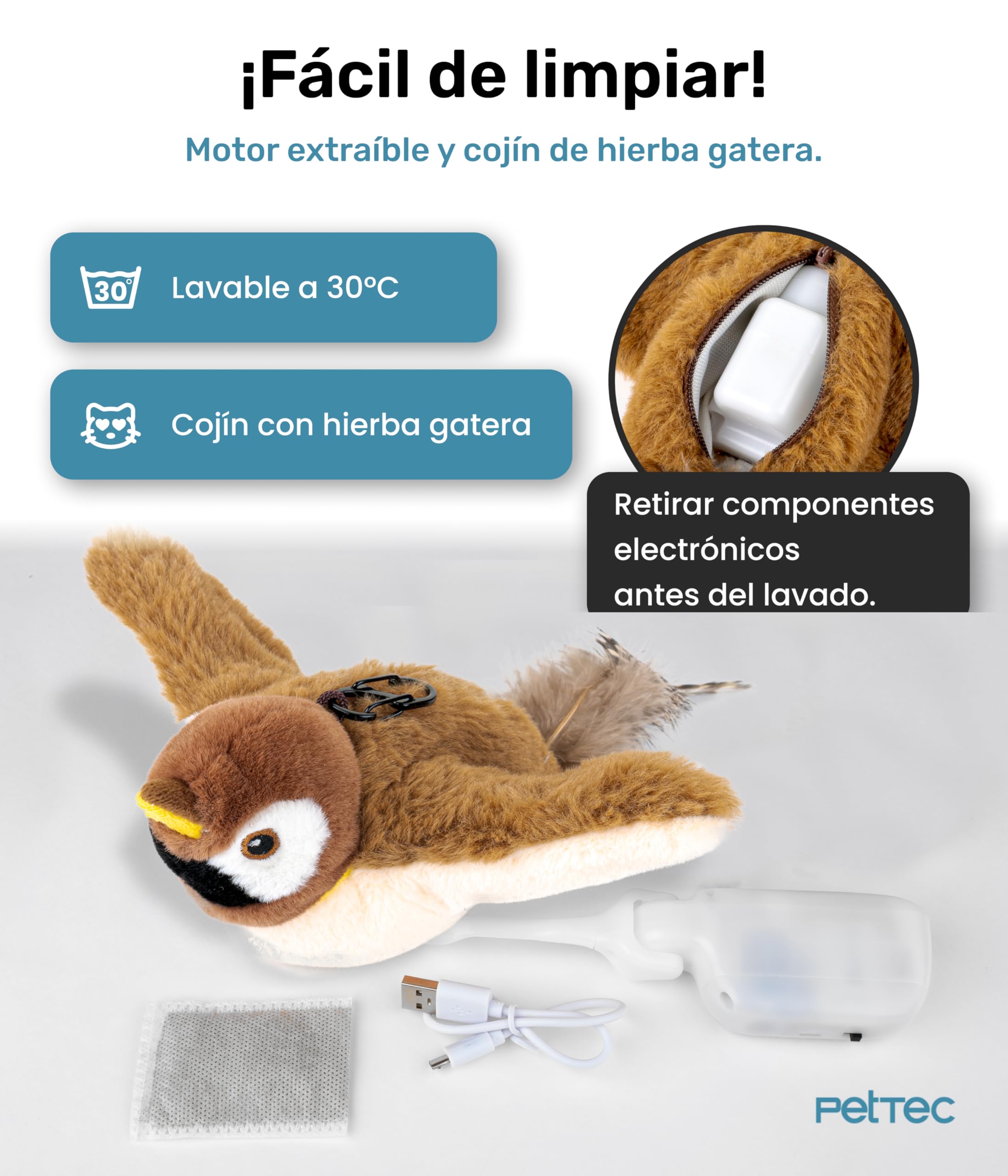 PetTec® Juguete Interactivo Eléctrico para Gatos - Pájaro Móvil con Hierba Gatera - Autoentretenimiento Automático