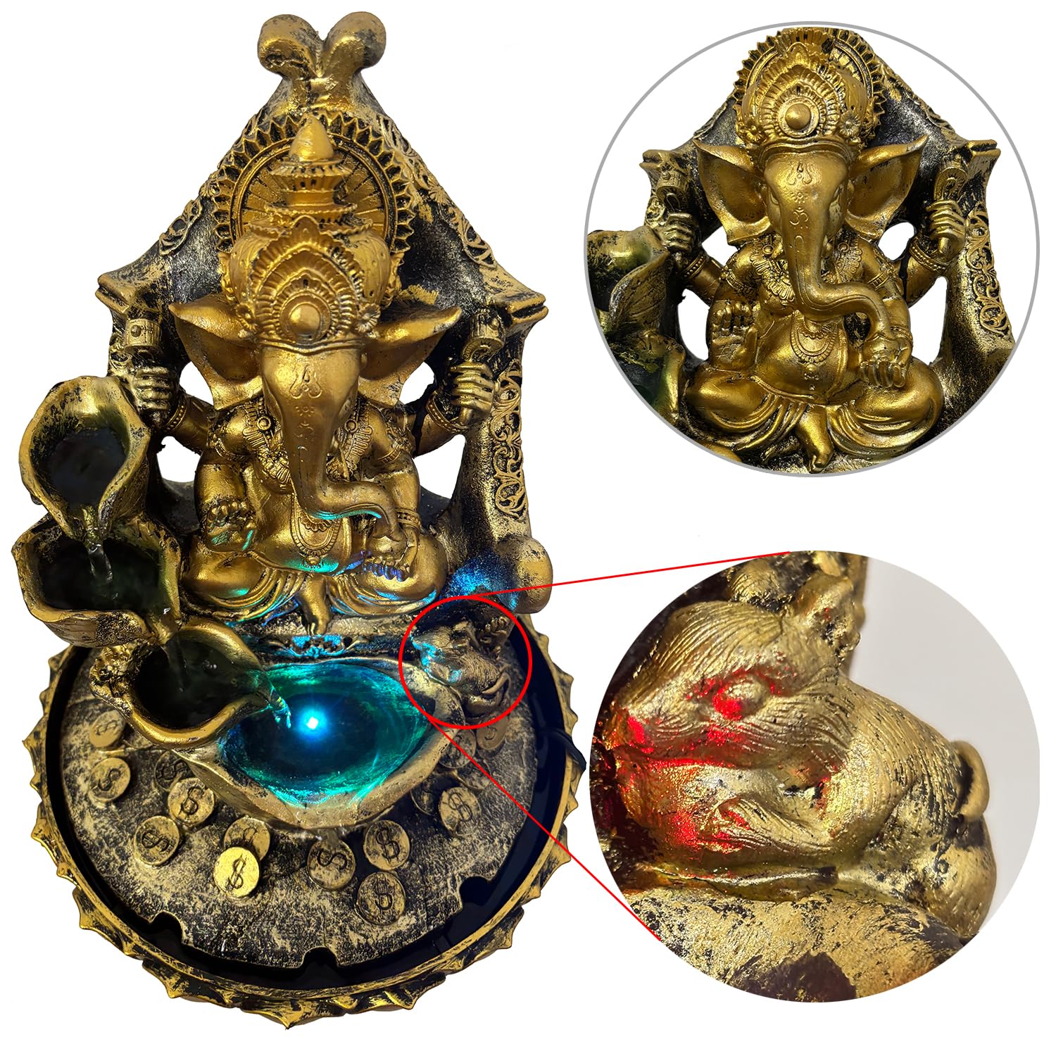 Large Ganesha Statues Indoor Tabletop Fountain, Ganesha Idol Buddha Statue Zen Waterfall Fountain with LED Lights, Indian Elephant Decorations for Home Office Bedroom 9.5