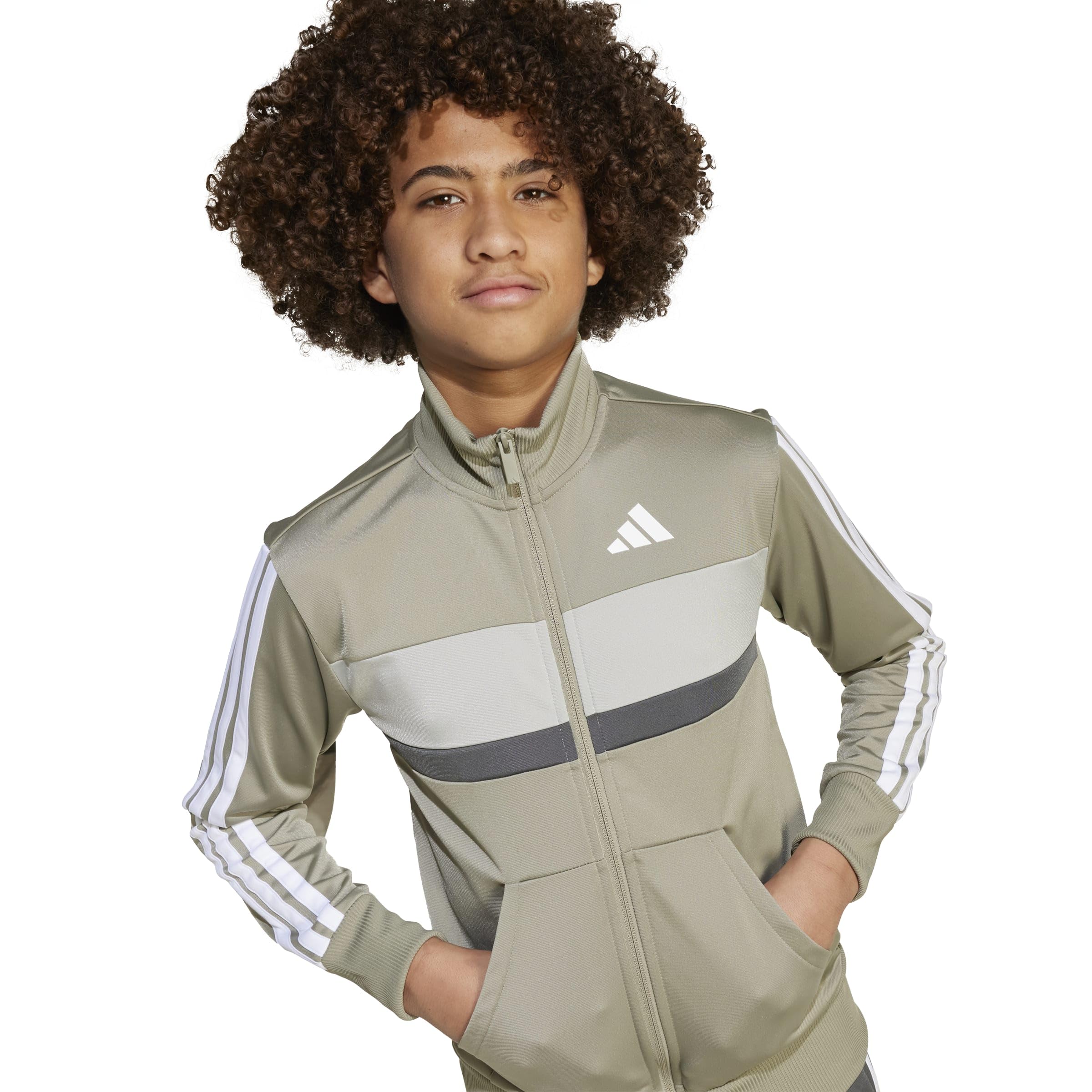 adidas Uniseks - dzieci Seasonal Essentials Tiberio 3 Stripes Tricot Track Suit, silver pebble/grey six/metal grey/white, 11-12 Years