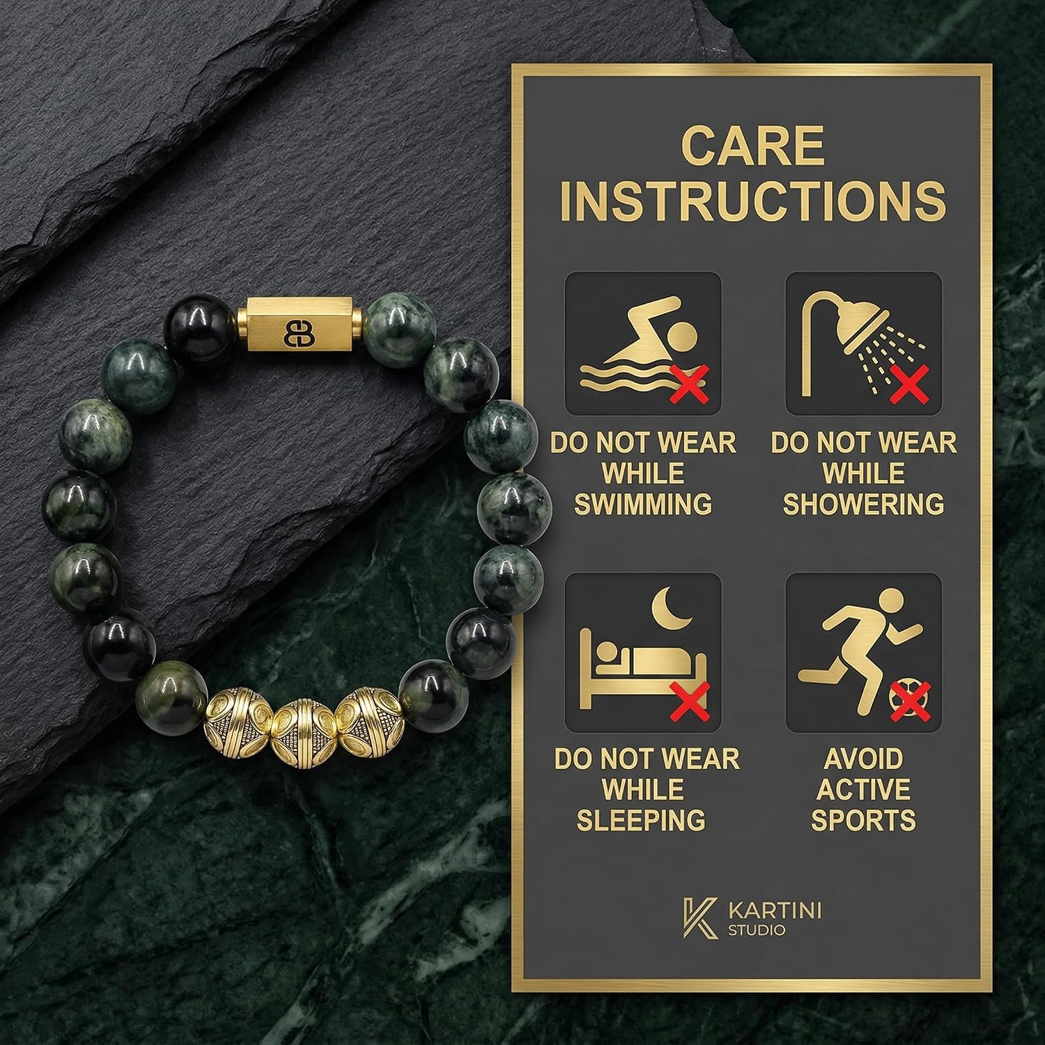 Kartini Studio Men's Jade and Gold Beads Bracelet, Men's Bead Bracelet, Quality Bead Jewelry for Man