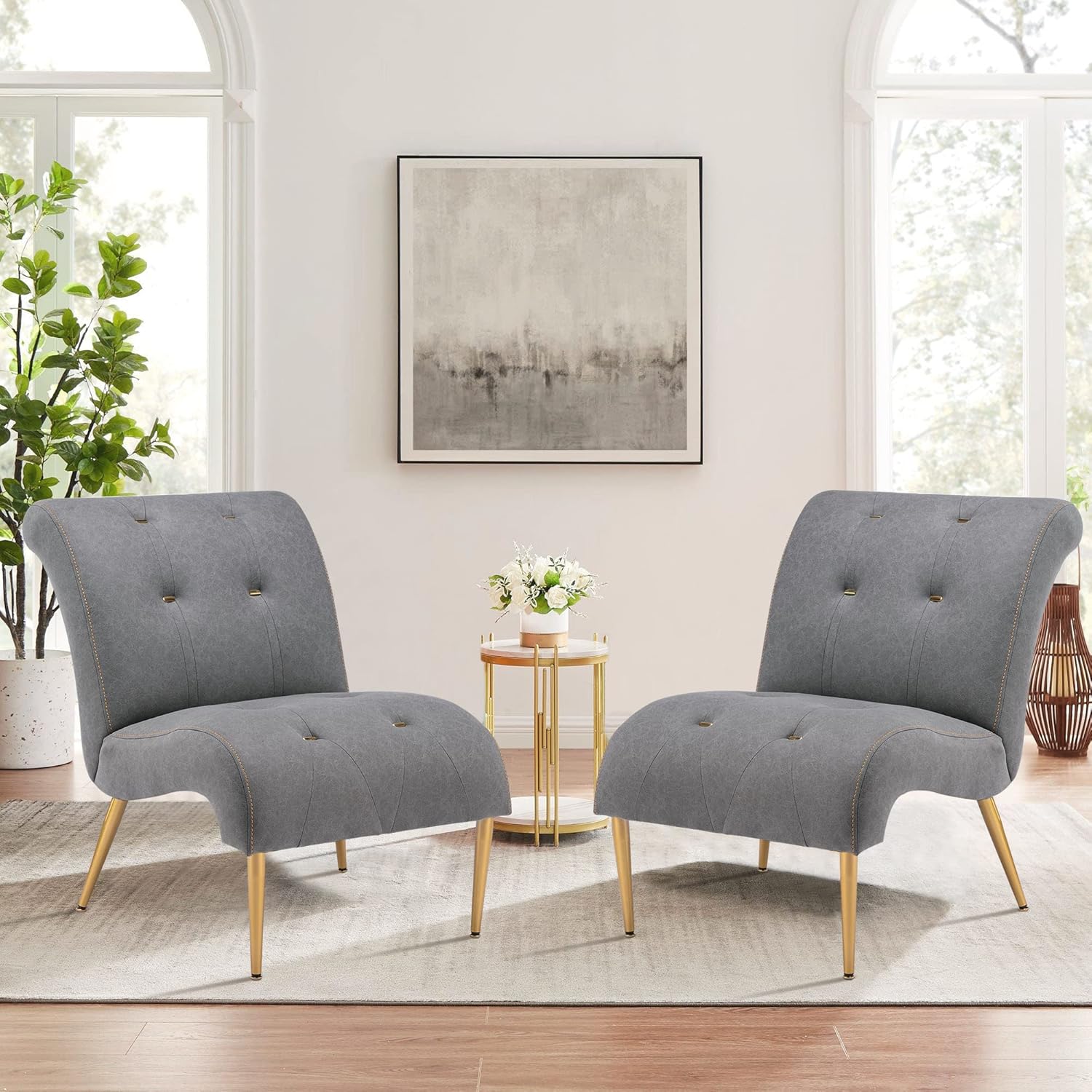 Yongqiang Accent Chairs for Living Room Set of 2 Upholstered Bedroom Chairs Curved Armless Side Chairs with Wood Legs Cream Fabric : Home & Kitchen
