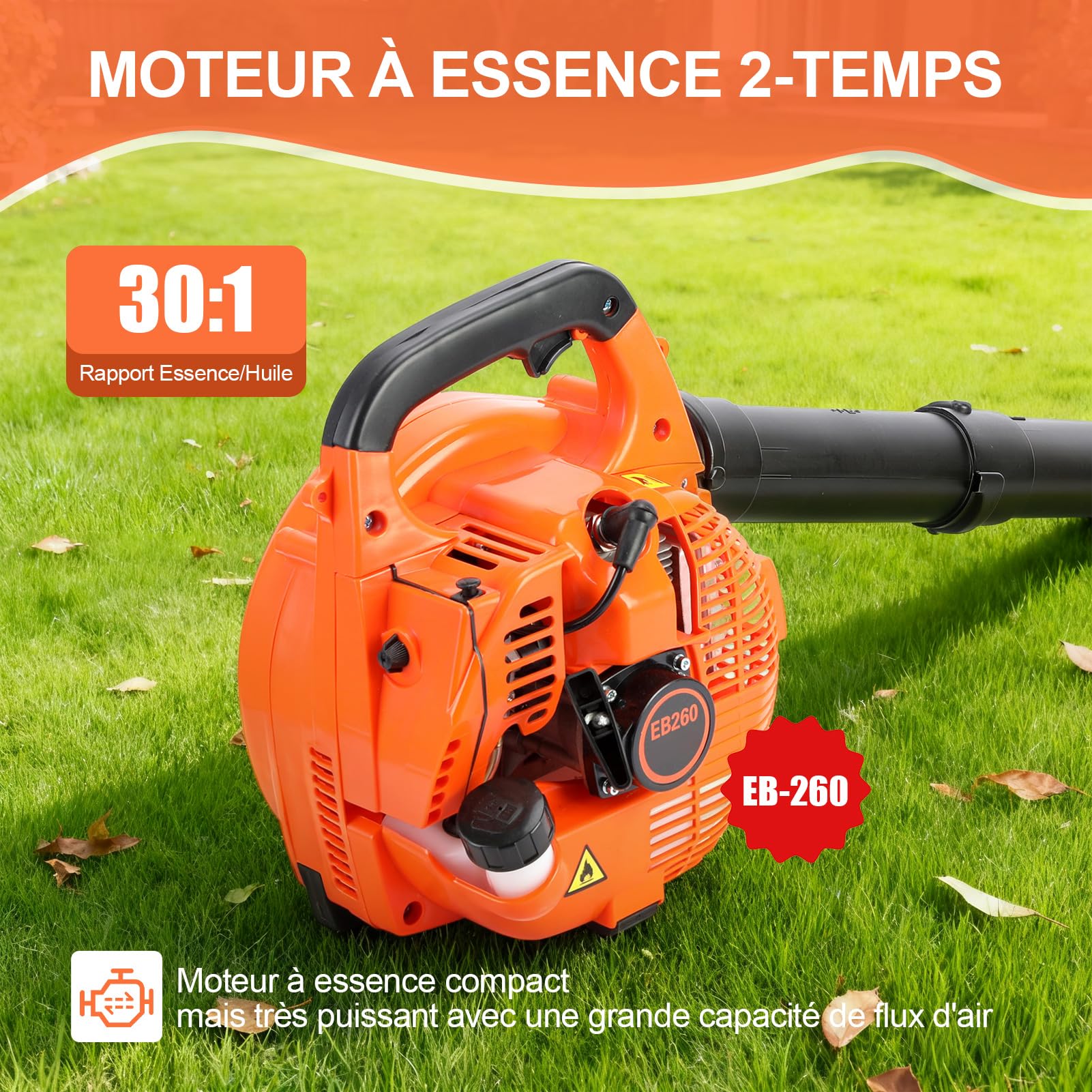 Souffleur Thermique Portable 26CC, Souffleur à Feuilles à Moteur Puissant, Souffleur à Essence pour Jardin (Orange)
