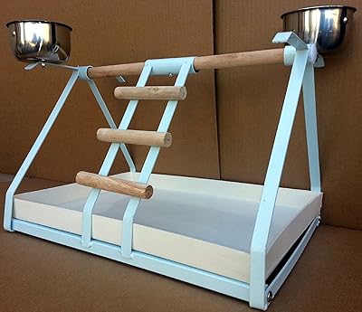 Mcage Parrot Bird Perch Table with Stainless Steel Cups, Wood Perches and Tray