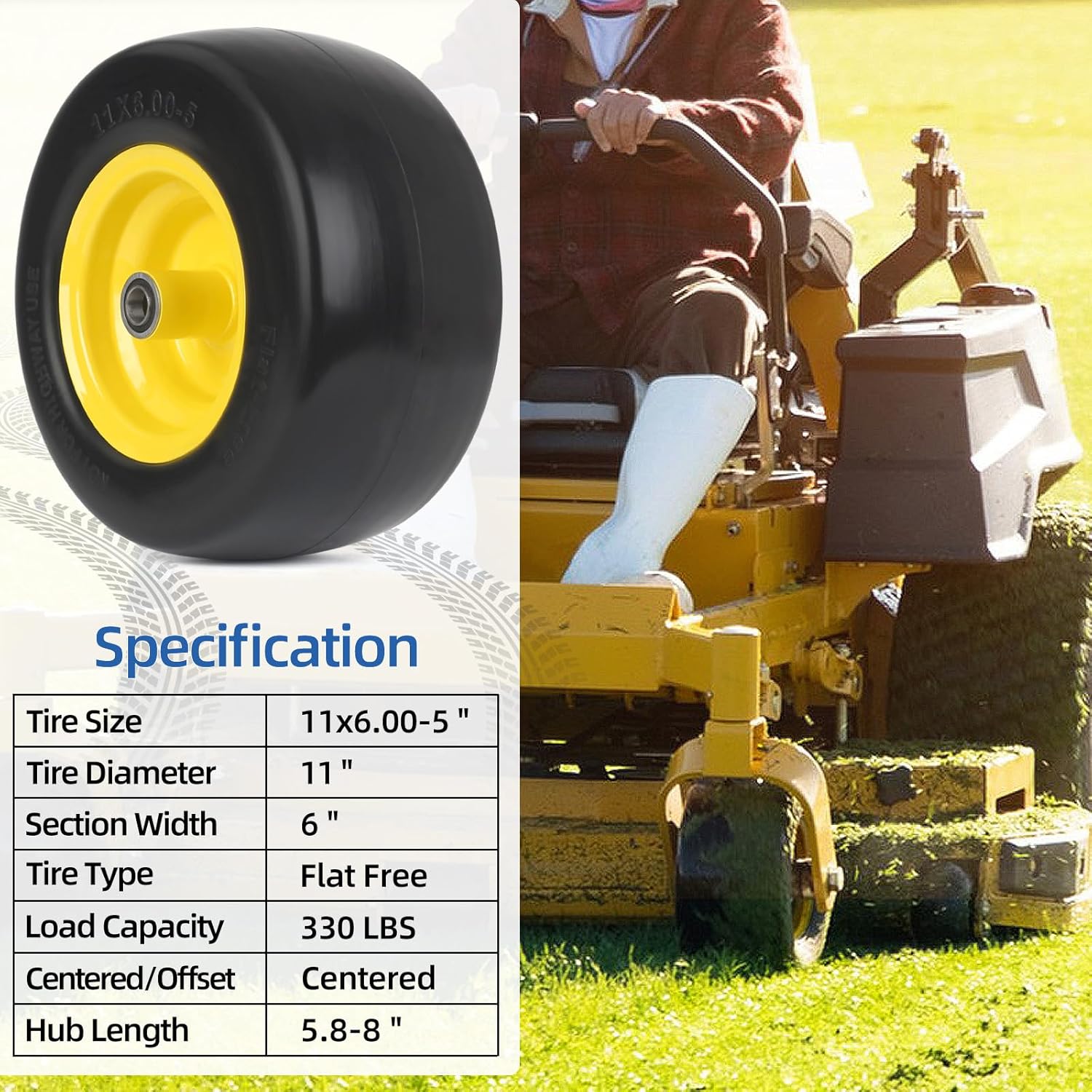 GICOOL 11x6.00-5 Flat Free Zero Turn Mower Tire and Wheel, 11x6-5nhs Riding Mowers Lawn Tire and Wheel with 3/4" Bearing, 5.8" -8" Centered Hub, 2 Pack