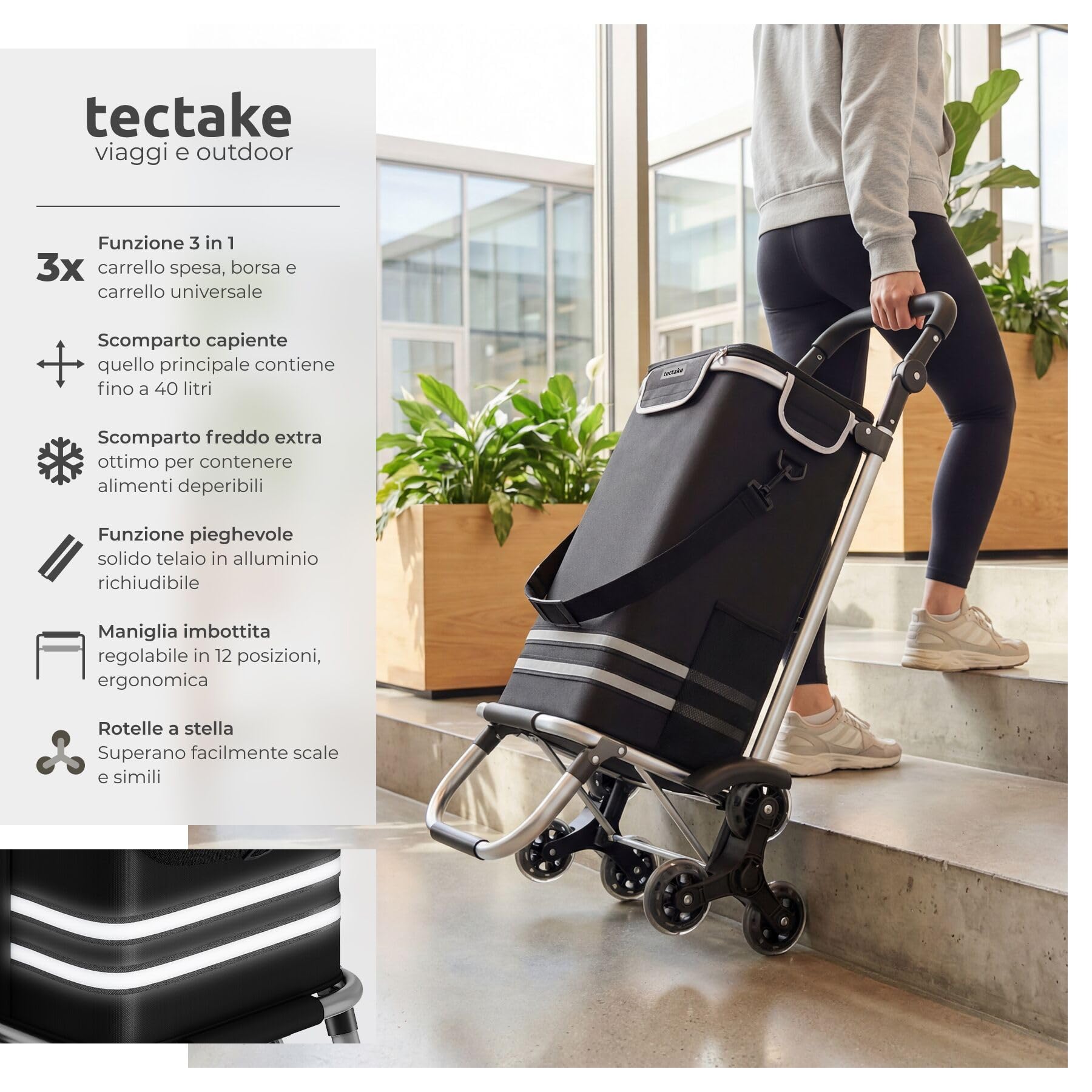 tectake® Carrello Spesa Shopper 3 in 1, Trolley Pieghevole con Borsa Termica per Surgelati, Carrello con Ruote Portatutto, Carrellino Spesa Con Ruote a Stella, Capacità max 30 kg / 56 L - Nero