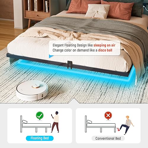 Miniatura 4 de Marco de cama de plataforma flotante tamaño queen con luces LED y estación de carga - Incluye destornillador eléctrico para el montaje, sujetadores