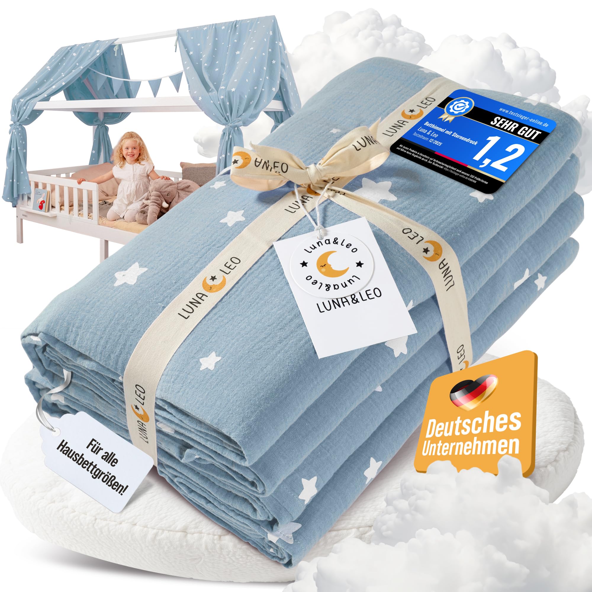 Luna & Leo House Bed Canopy 3-Piece - with Star Print *Test Winner 2025* [Organic Muslin Cotton] Handmade | Canopy Bed Curtains Bed Canopy Decoration (Light Blue, Set of 2, 320 x 130 cm + Bunting)
