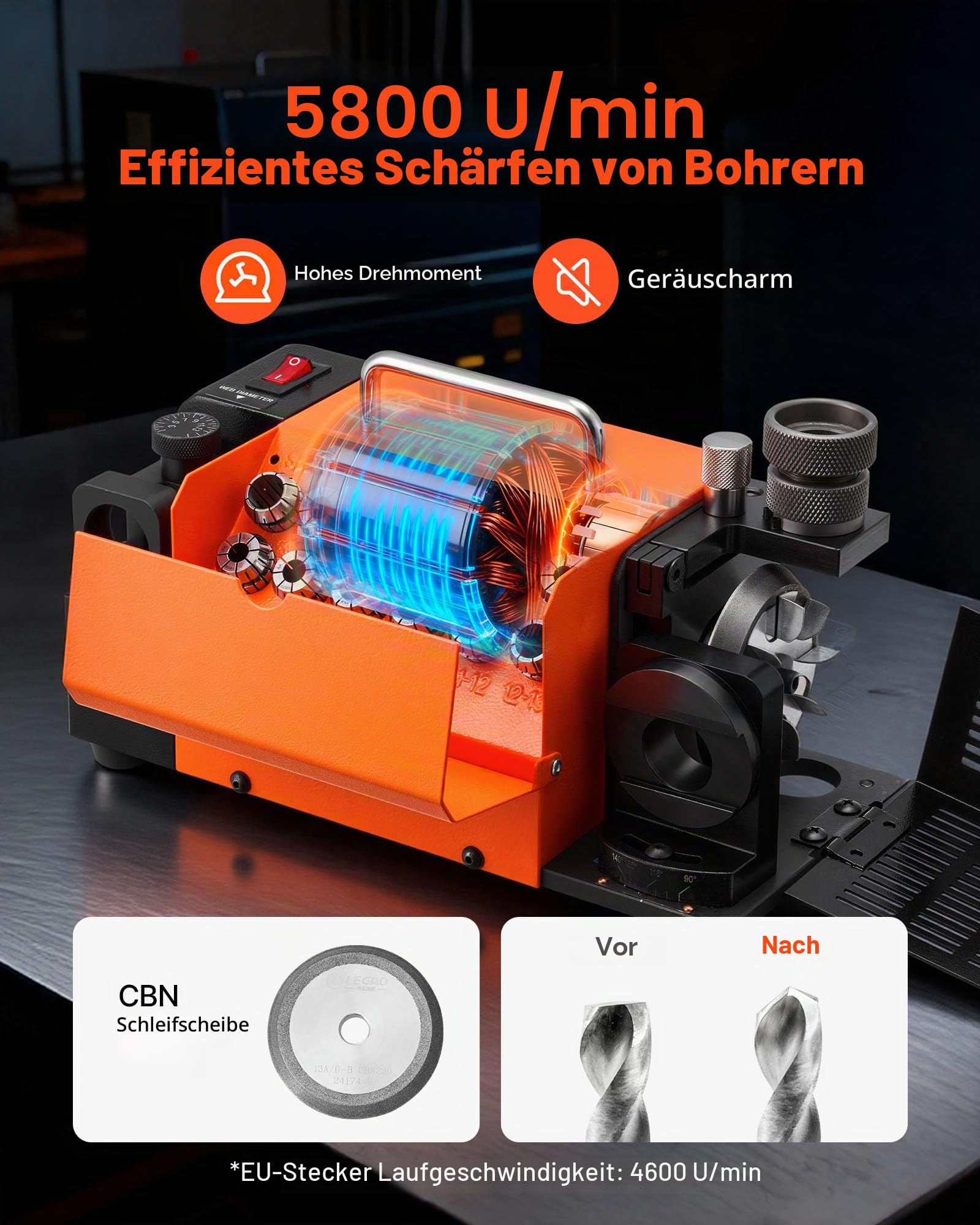 VEVOR Bohrerschleifgerät MR-13A, 3-15 mm, mit 95°-135° einstellbarem Spitzenwinkel, 4600 U/min Hochgeschwindigkeits-Nachschärfmaschine mit 13 Spannzangen & CBN-Schleifscheibe für Werkstätten & Garagen