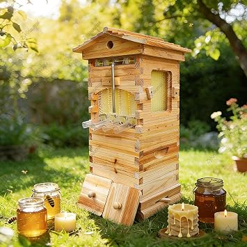 Flow Hive Beehive,Pine Beehive Starter Kit,Beehive Beekeeping Equipment with 4 Flowing Beehive Frames/6 Brood Frames/Observation Window, for Backyard Beekeeping or Small-Scale apiaries