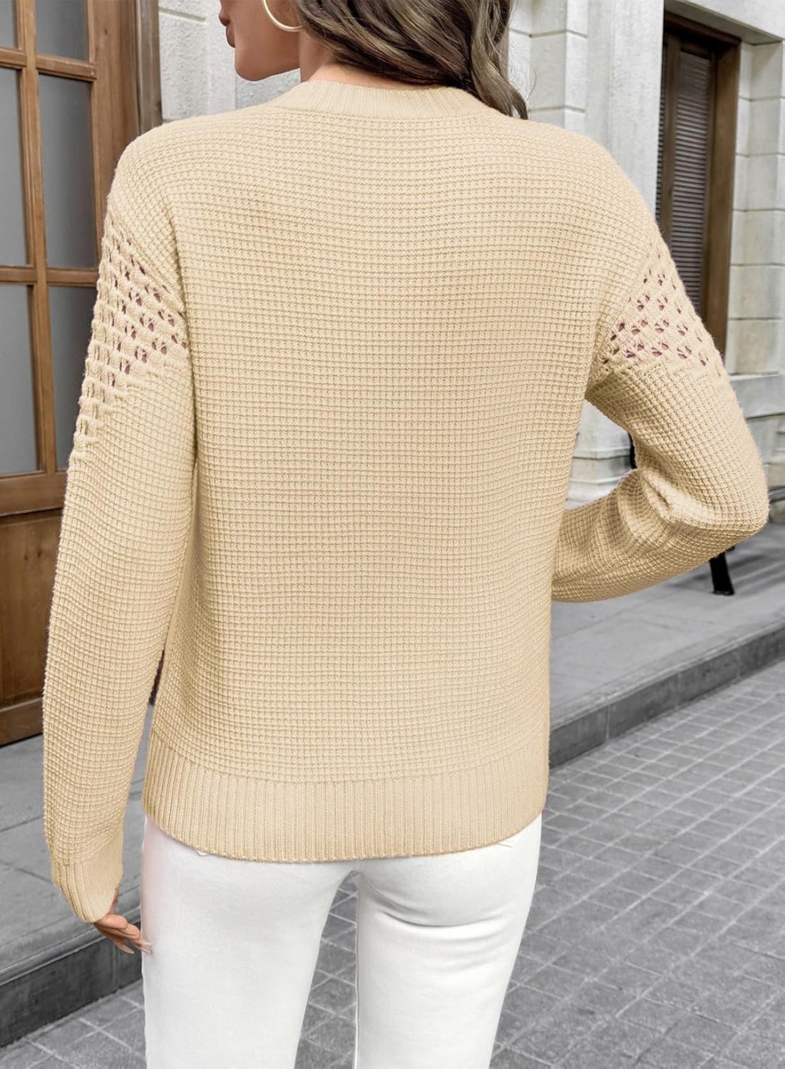 Sidefeel Womens Pullover Sweaters Crewneck Long Sleeve Hollow Out Crochet Tops - Image 2