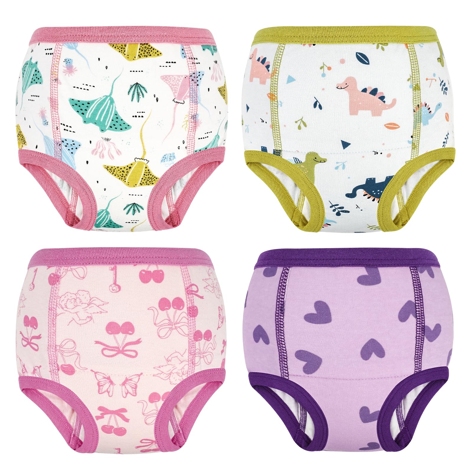 FLYISH DIRECT Culottes Apprentissage Propreté Garçons Filles, Slip d'Apprentissage Propreté Coton 100%, 4 Paires Culottes d'Apprentissage Imperméables Réutilisables et Lavable, 2 Ans, Pourpre et Dino