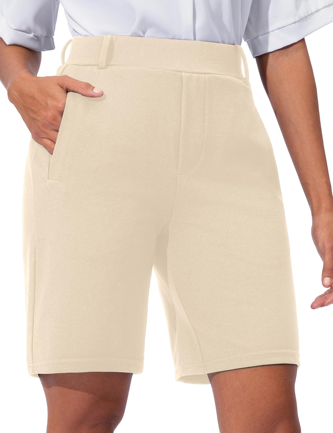 VOOVEEYA Women's Bermuda Shorts 8", High Waisted Casual Dress Shorts with Pockets Stretchy Work Long Shorts