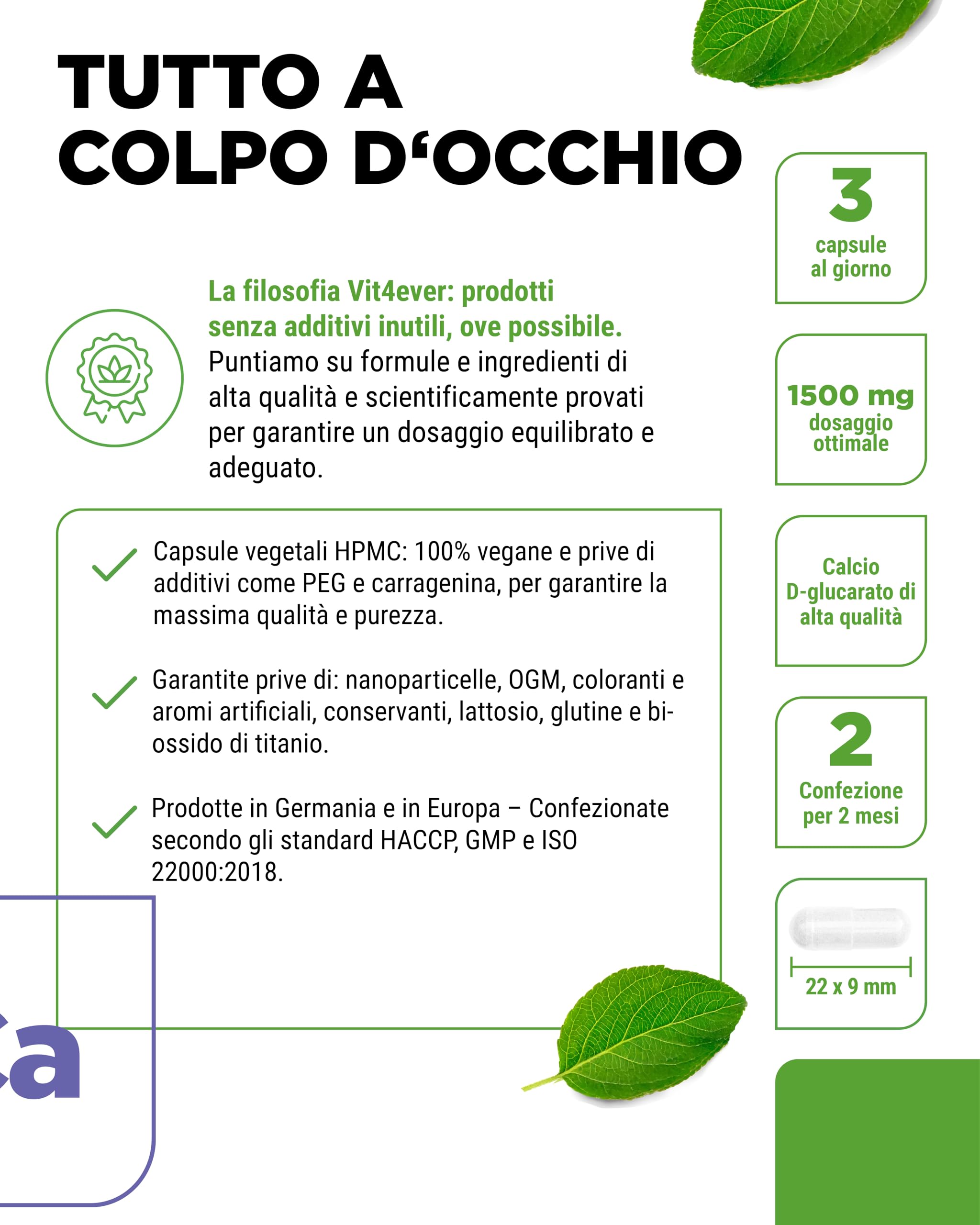 vit4ever Calcium-D-Glucarato 1500 mg – 180 Capsule – Alto Dosaggio – Sale di Calcio dell’Acido D-Glucarico – 222 mg di Calcio (28% VNR) – Vegano & Senza Additivi Inutili