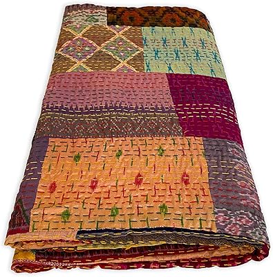 Copriletto Indiano Kantha Fatto A Mano In Cotone | Stampa Floreale, 200x150 Cm, Grigio, Artigianato Dal Rajasthan - 4
