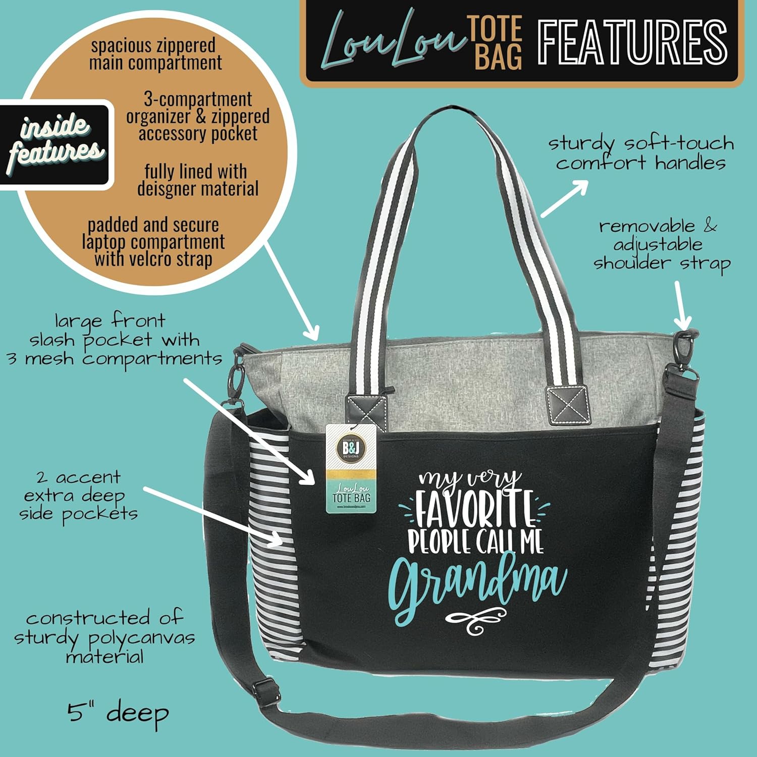 Brooke & Jess Designs Tote Bag for Grandma – Sturdy Canvas Grandma Tote w/Zipper & Inner Pocket Grandma Bag for Everyday Use