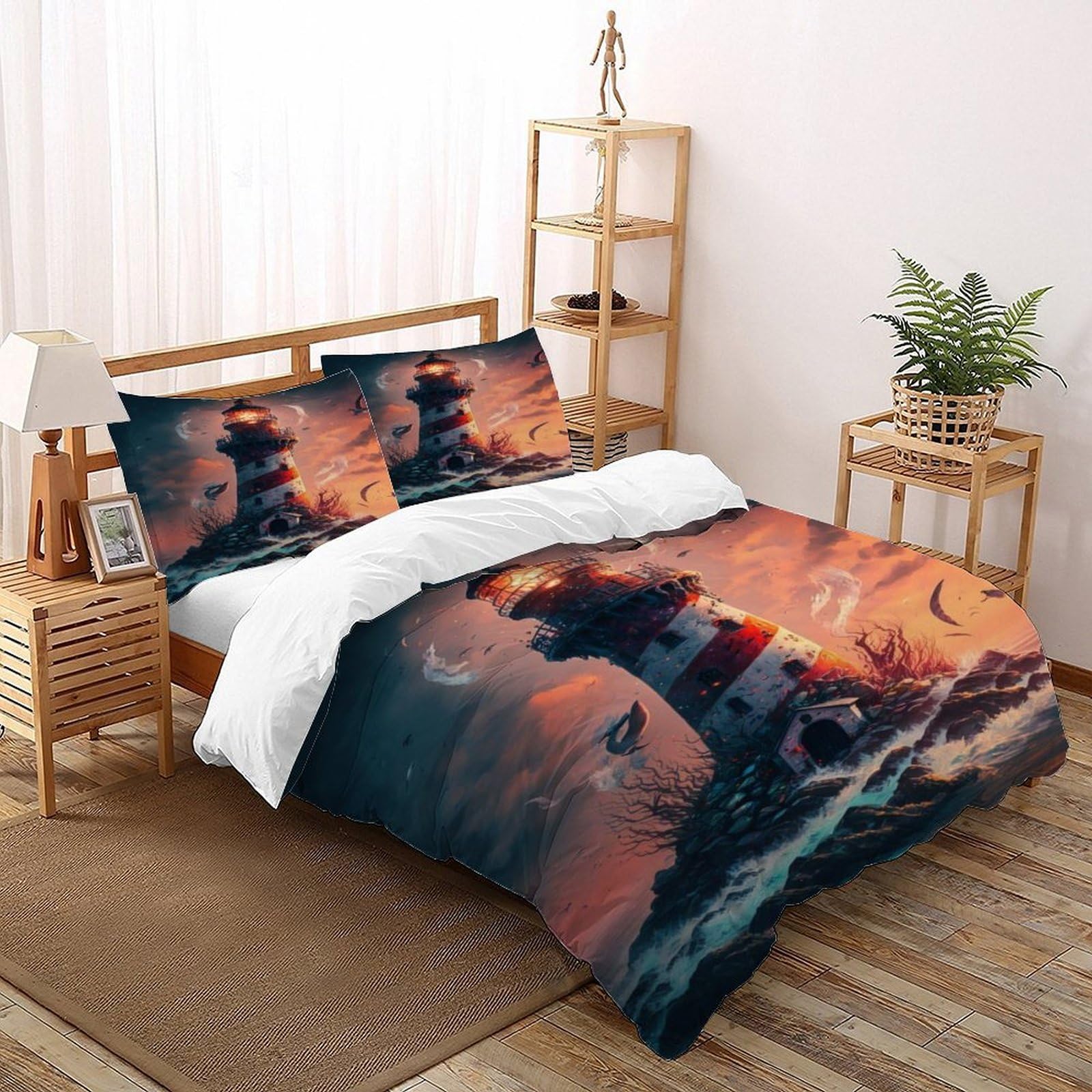Parure de lit océan 260x220 cm avec housse de couette imprimée vagues du phare et taies d'oreiller