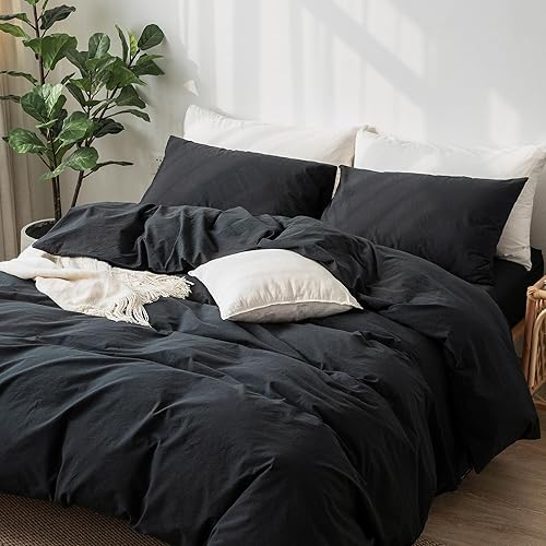 Miniatura 2 de MooMee Juego de funda de edredón 100% algodón lavado con textura parecida al lino transpirable duradero suave cómodo (negro, individual)